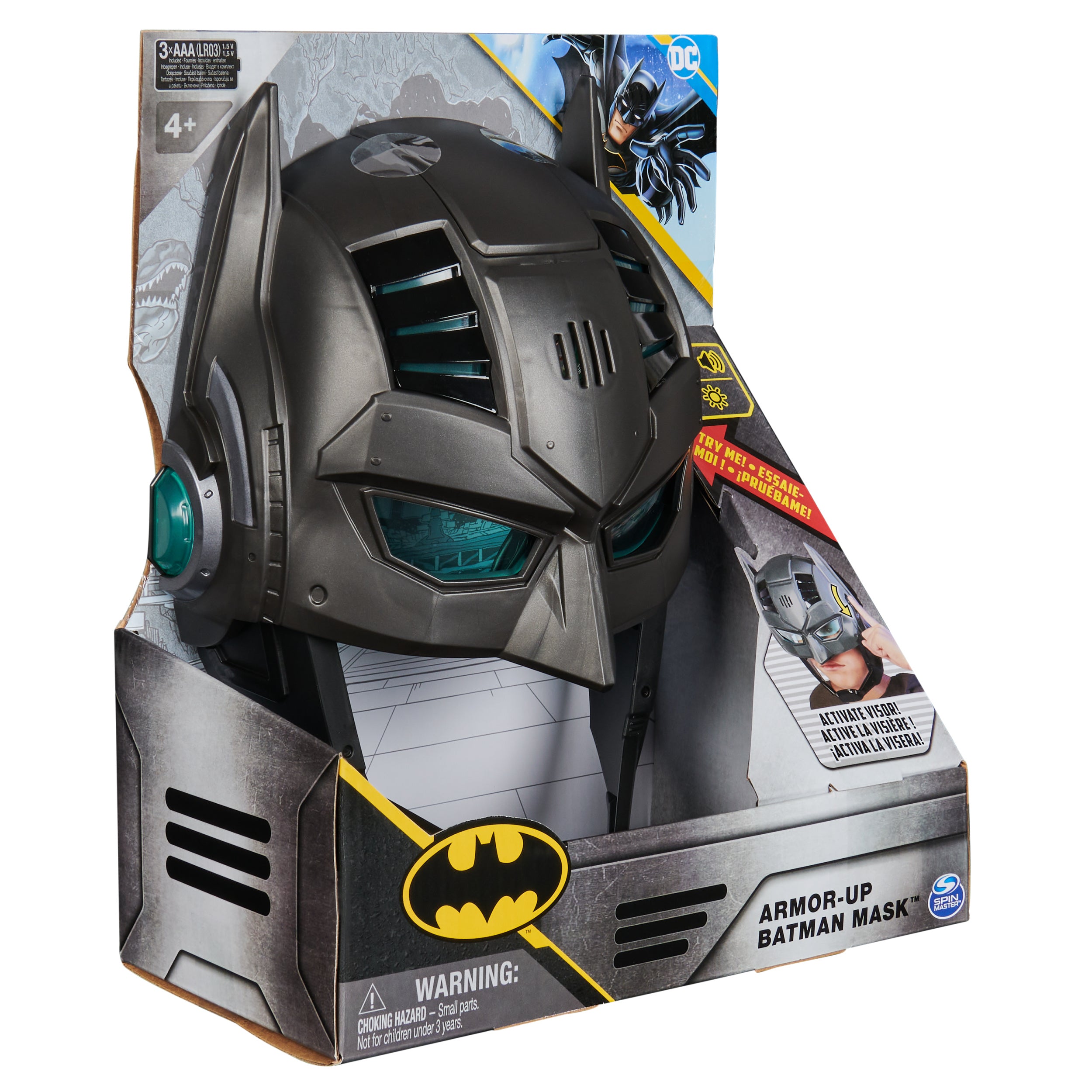 DC Comics, Armor-Up Batman Mask with Visor, 15+ Sounds & Phrases, Lights, Halloween Costume for Kids Roleplay for Boys and Girls Ages 4 and Up