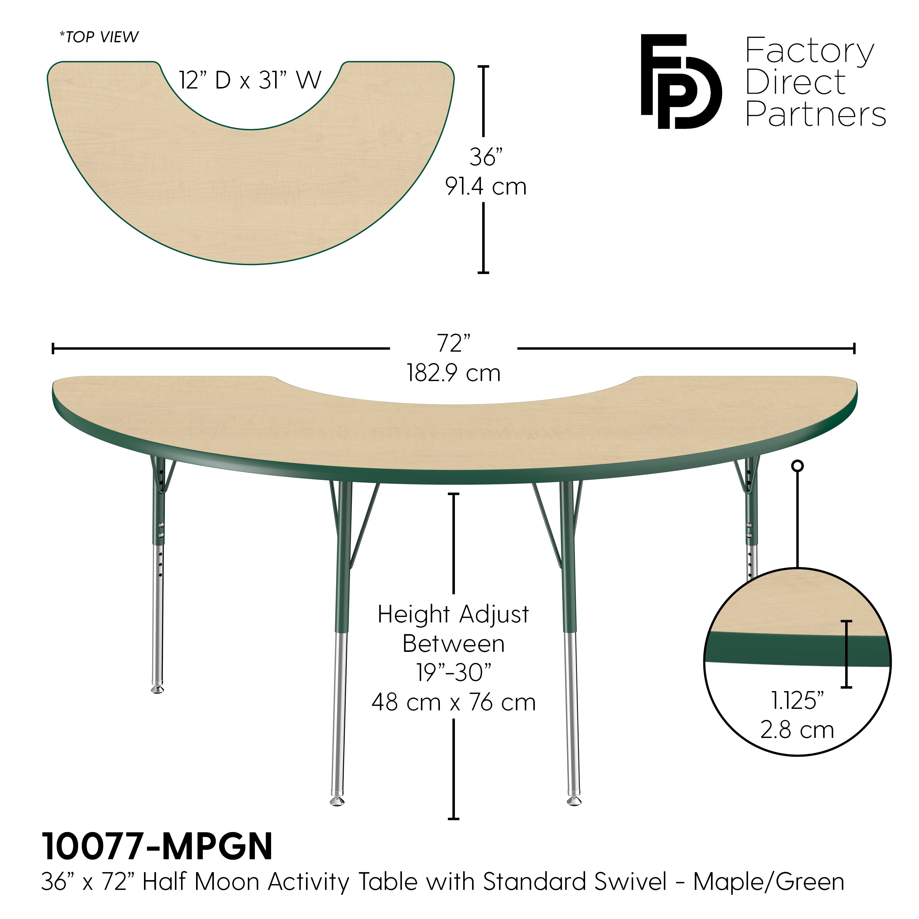 36" x 72" Half Moon T-Molding Activity Table with Adjustable Standard Swivel Glide Legs - Maple/Green