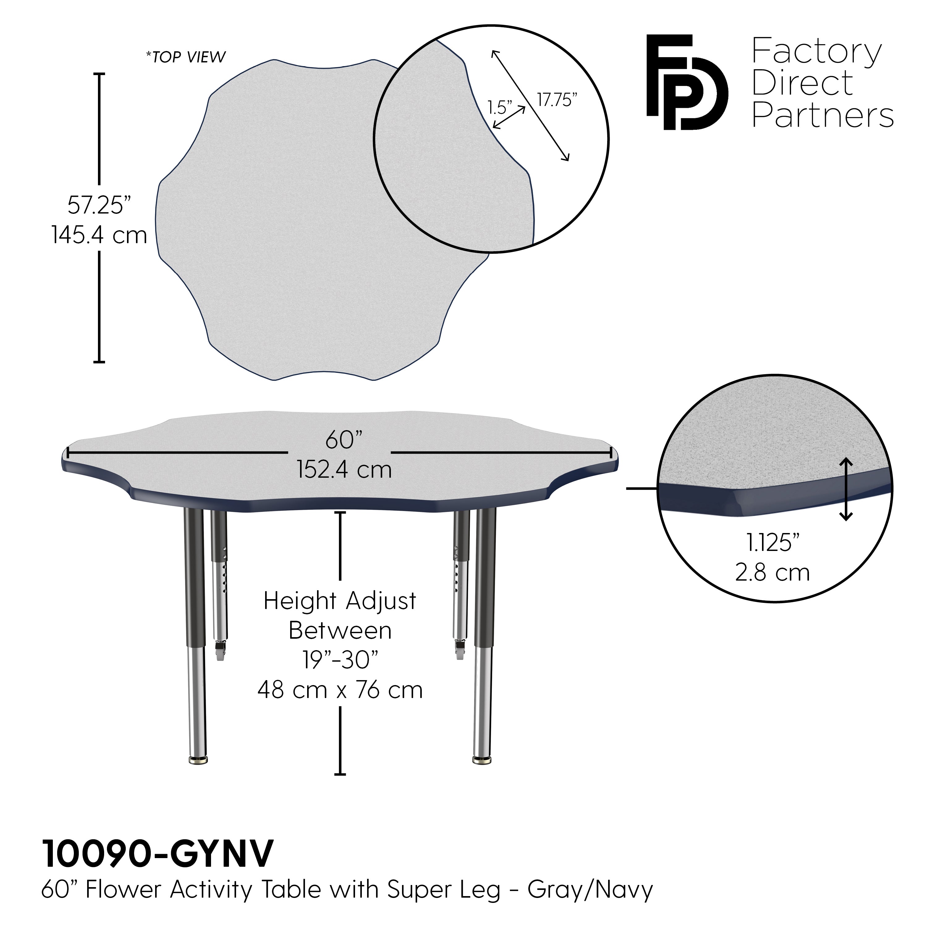 60" x 60" Flower T-Molding Activity Table with Adjustable Super Legs - Gray/Navy/Black