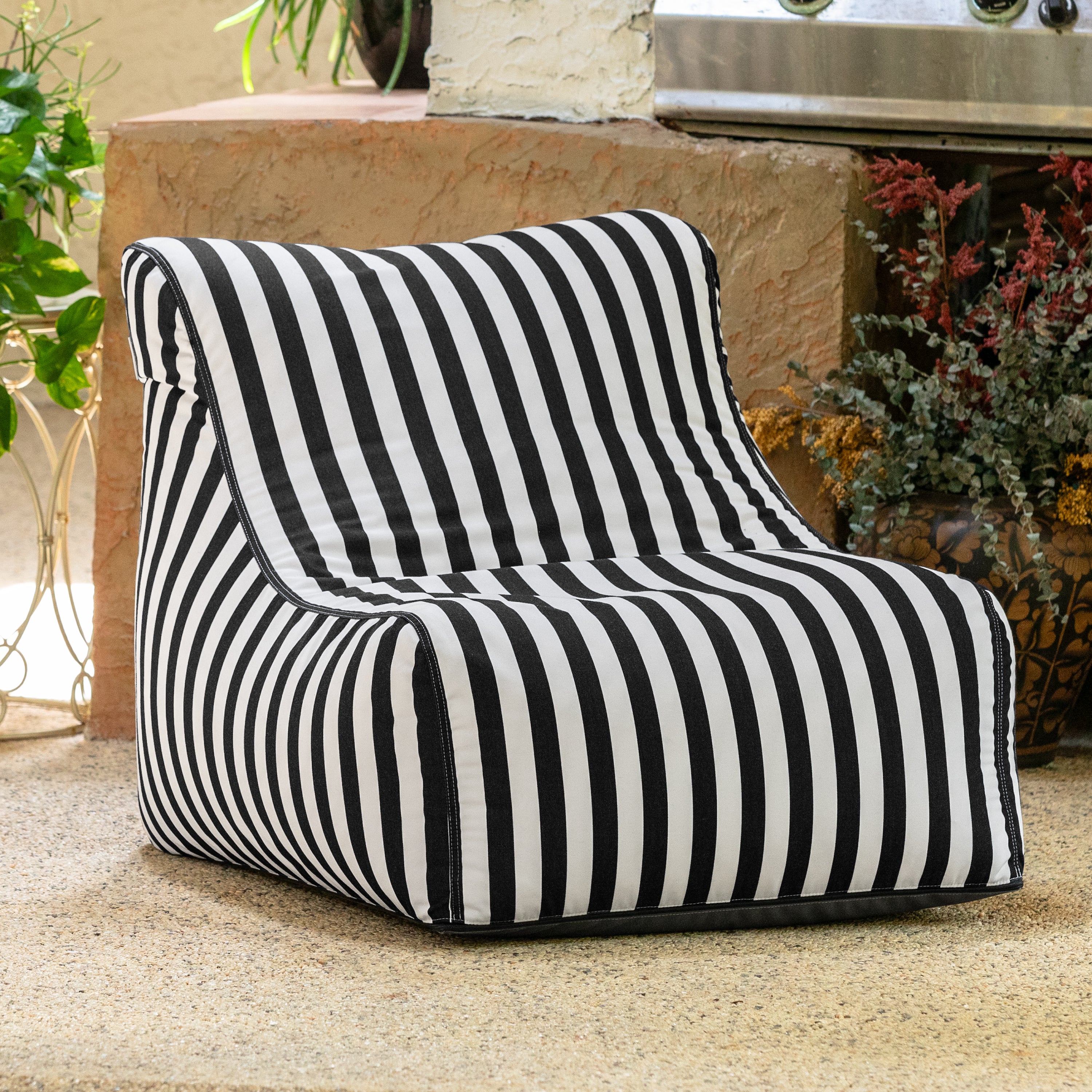 Jaxx Ponce Outdoor Bean Bag Chair - Weather Resistant Patio and Poolside Lounge Seating, Black & White Stripes