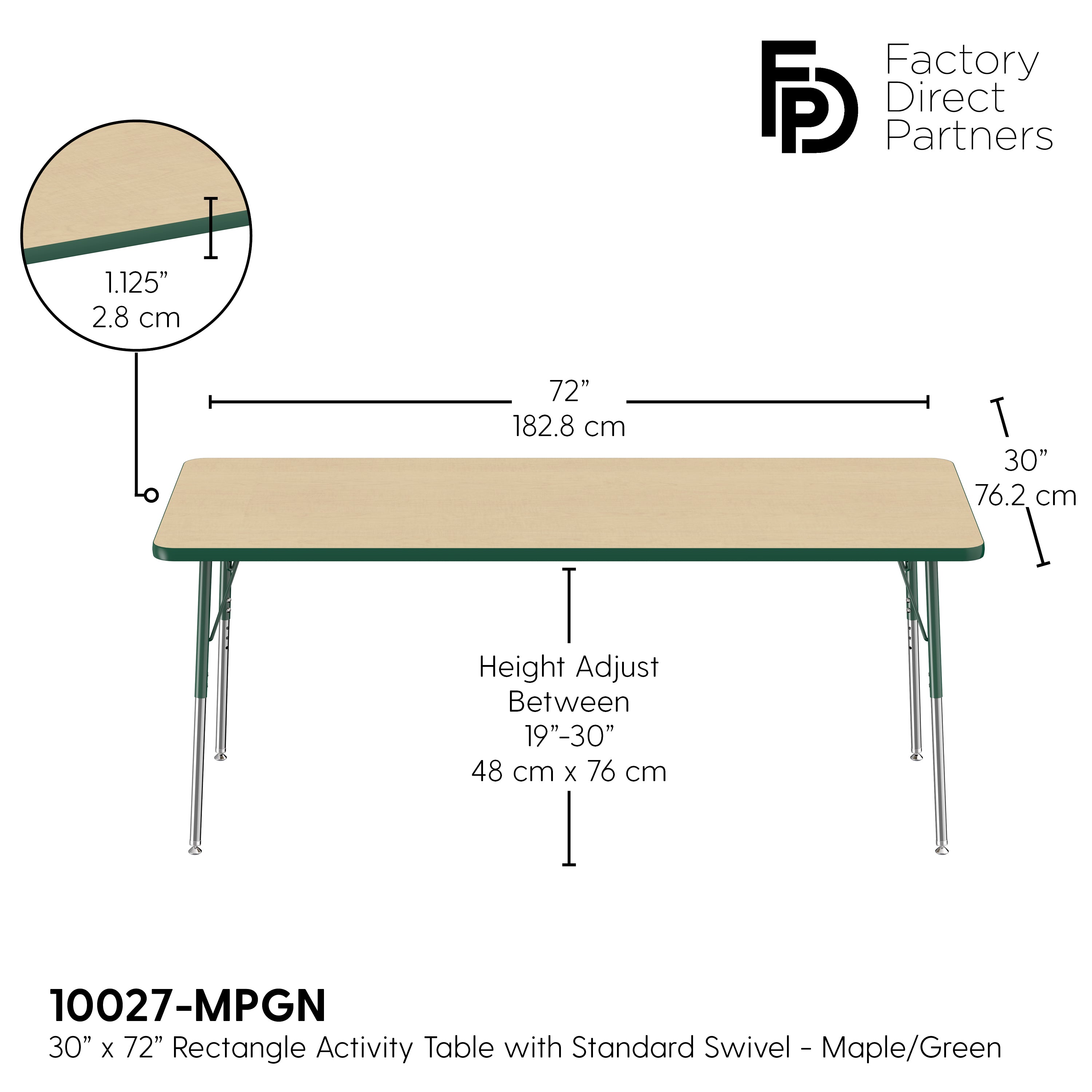 30" x 72" Rectangle T-Molding Activity Table with Adjustable Standard Swivel Glide Legs - Maple/Green