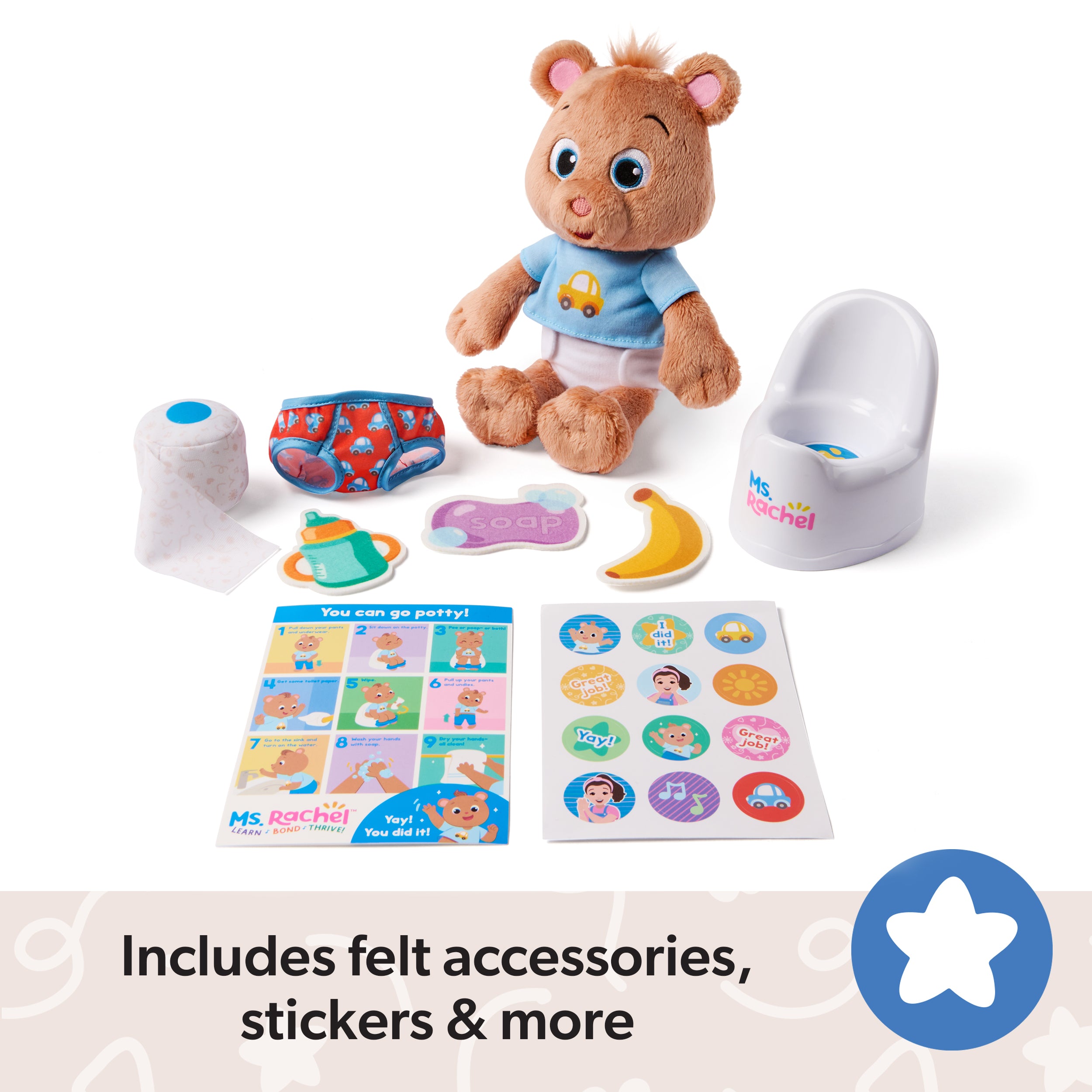 Ms. Rachel Potty Time with Bean, 11” Plush Teddy Bear with Play Toilet & Accessories, Toddler Toys for Girls & Boys for Ages 18 Months to 3+
