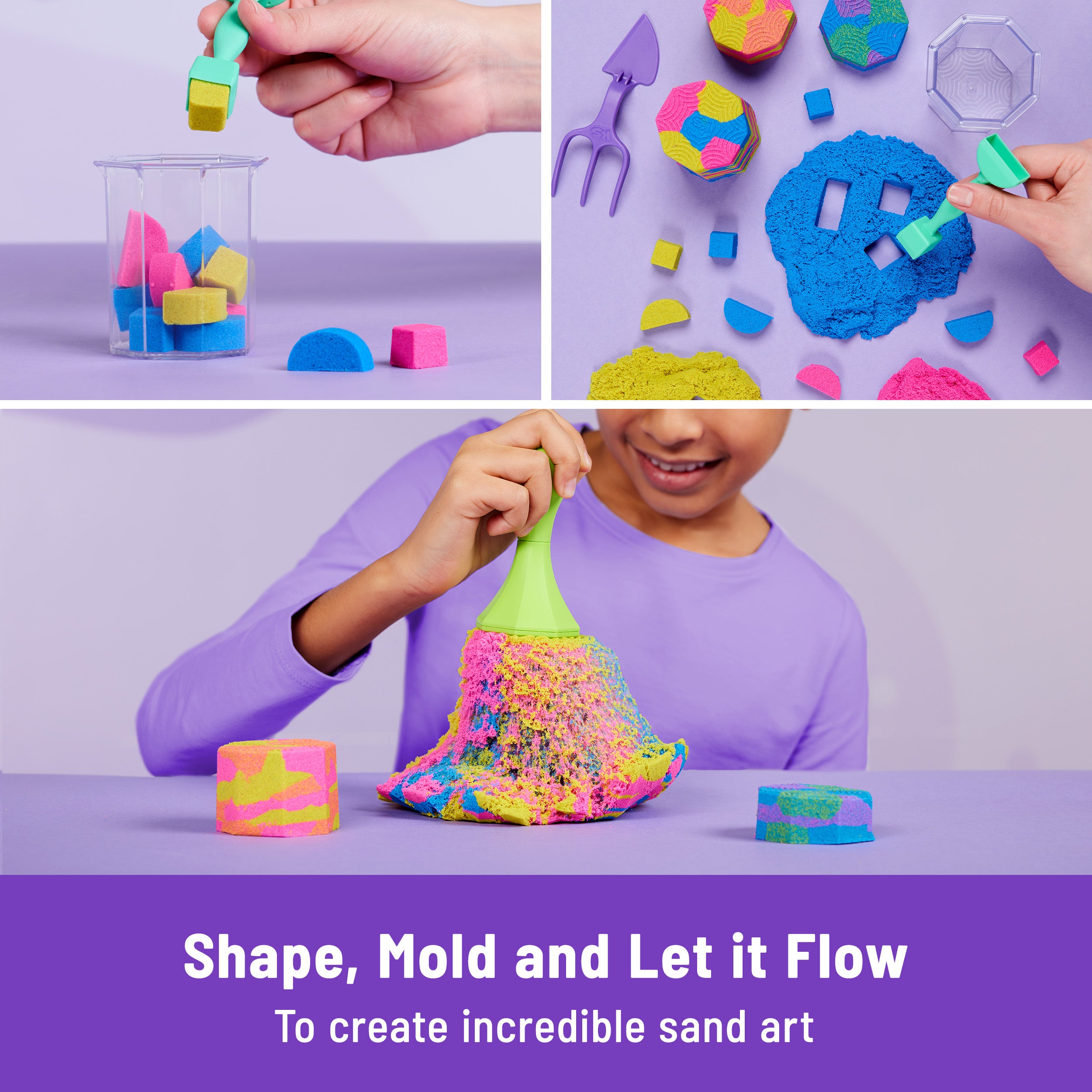 Kinetic Sand, Squish N’ Create Playset with 13.5oz Blue, Yellow & Pink Play Sand, 5 Tools, Sensory Toys for Kids Ages 3 and up