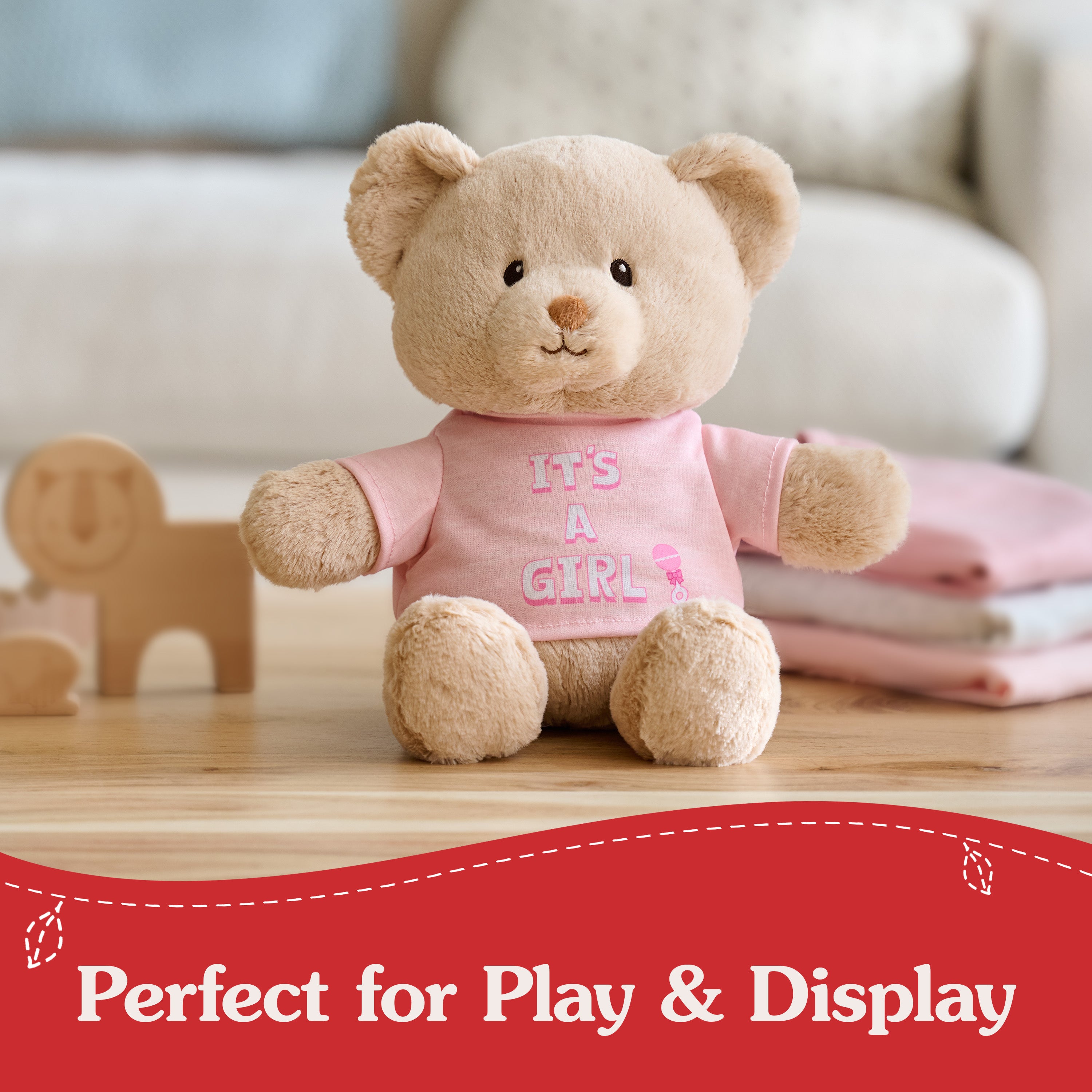 GUND “It's a Girl” Sustainable Message Bear with Pink T-Shirt, Teddy Bear Made from 100% Recycled Materials for Ages 1 and Up, Tan, 12”