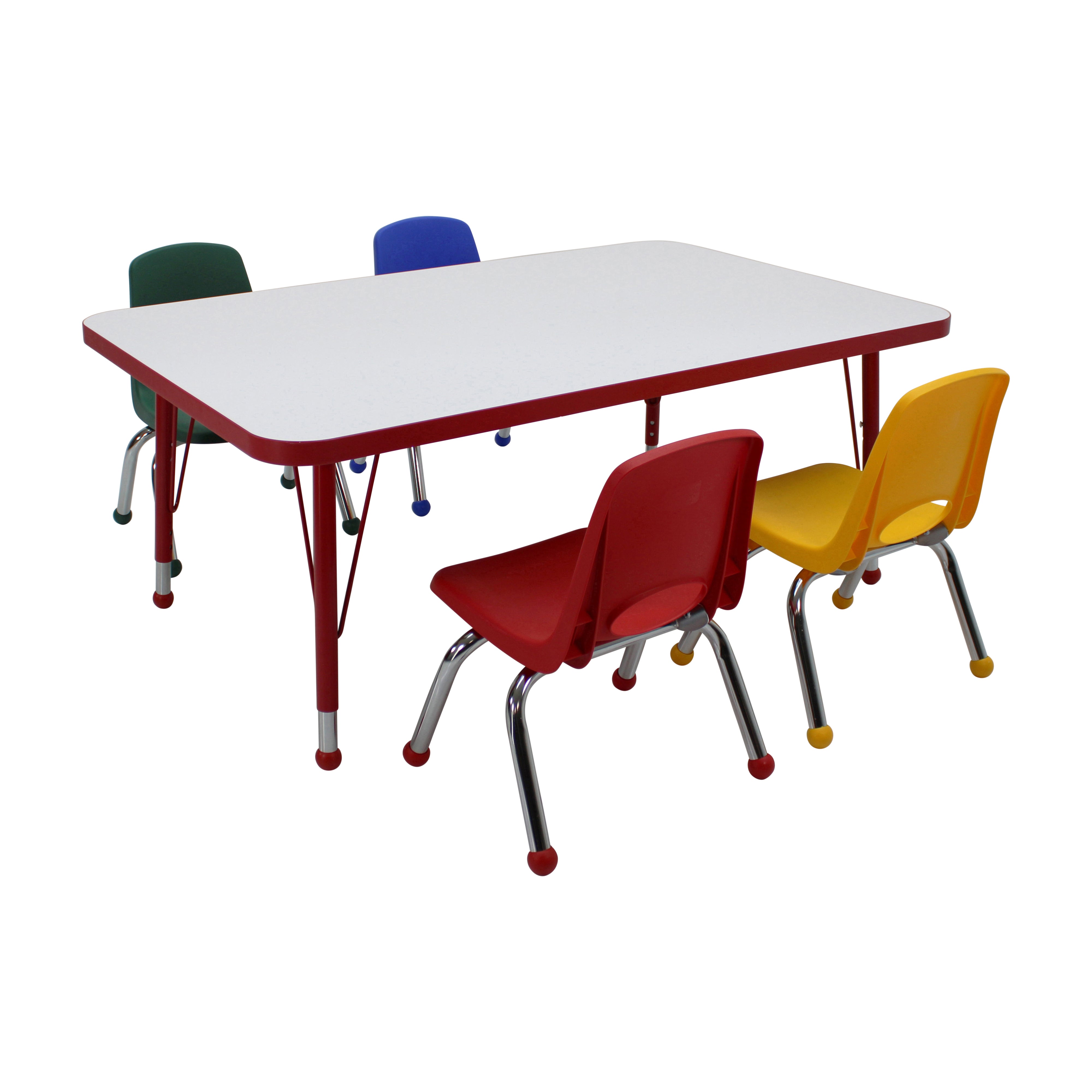 30" x 48" Rectangle Dry-Erase Activity Table with Standard Legs and 10" Stack Chairs with Ball Glides, 5-Piece Set - Whiteboard/Red/Assorted