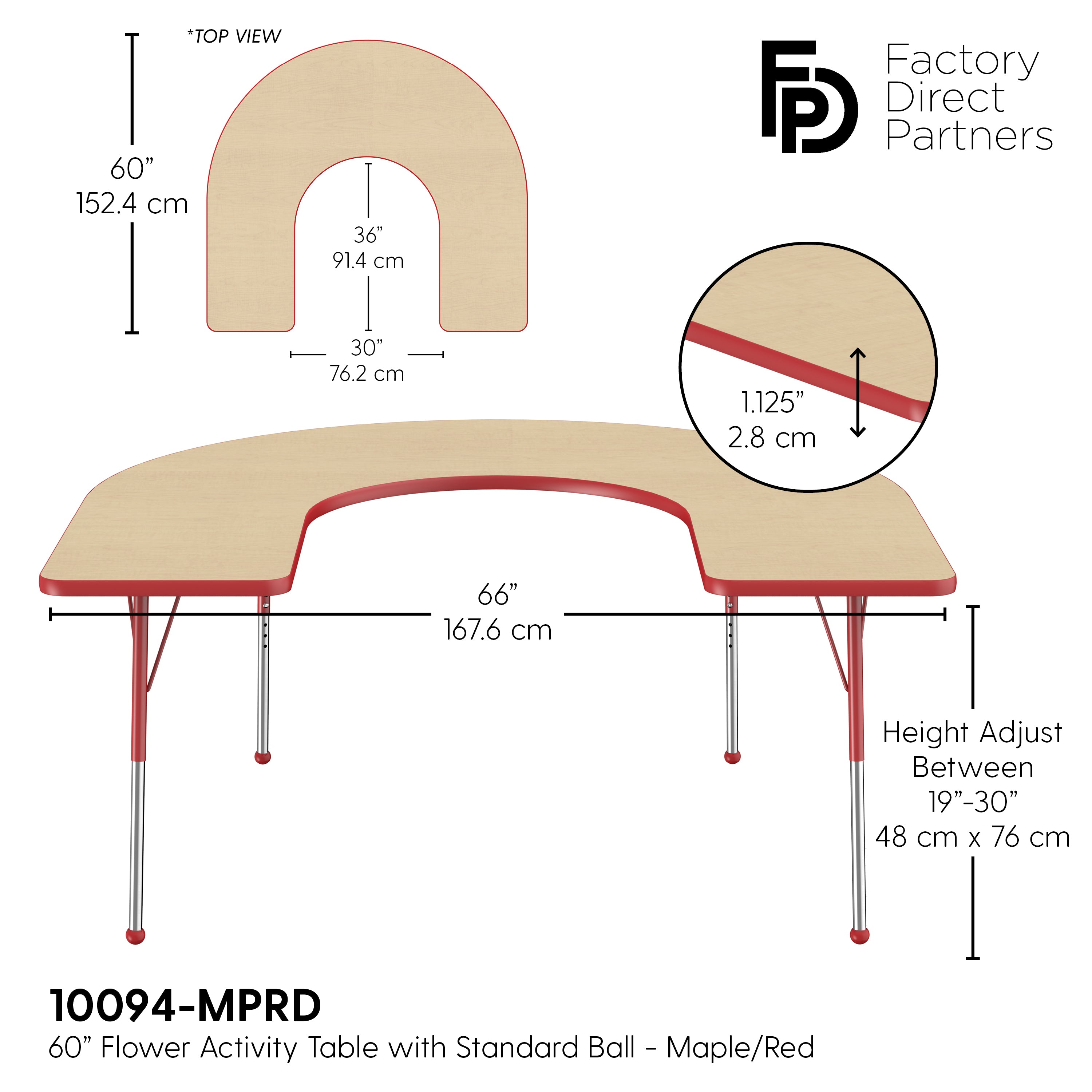 60" x 66" Horseshoe T-Molding Activity Table with Adjustable Standard Ball Glide Legs - Maple/Red