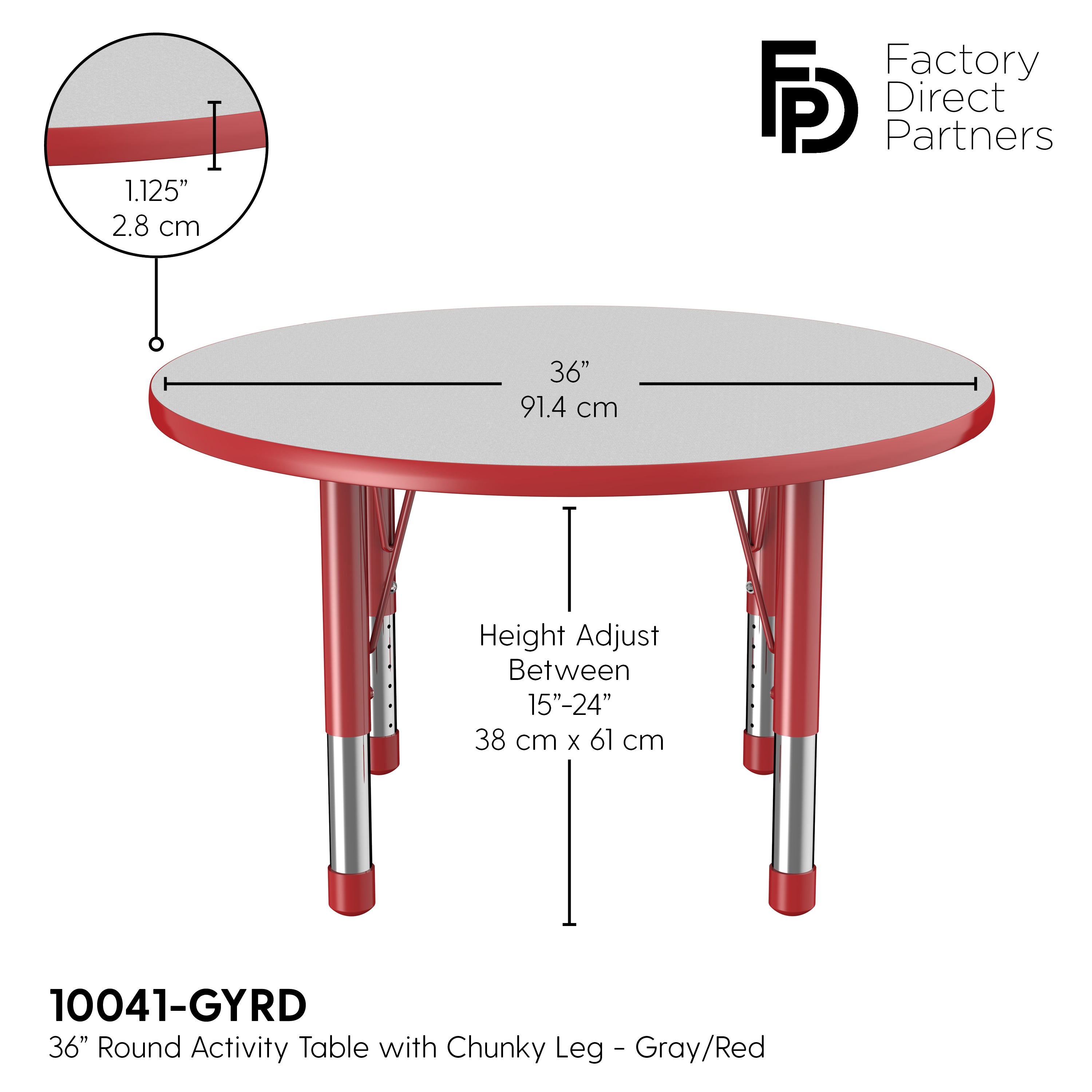 36" Round T-Molding Activity Table with Adjustable Chunky Legs - Gray/Red