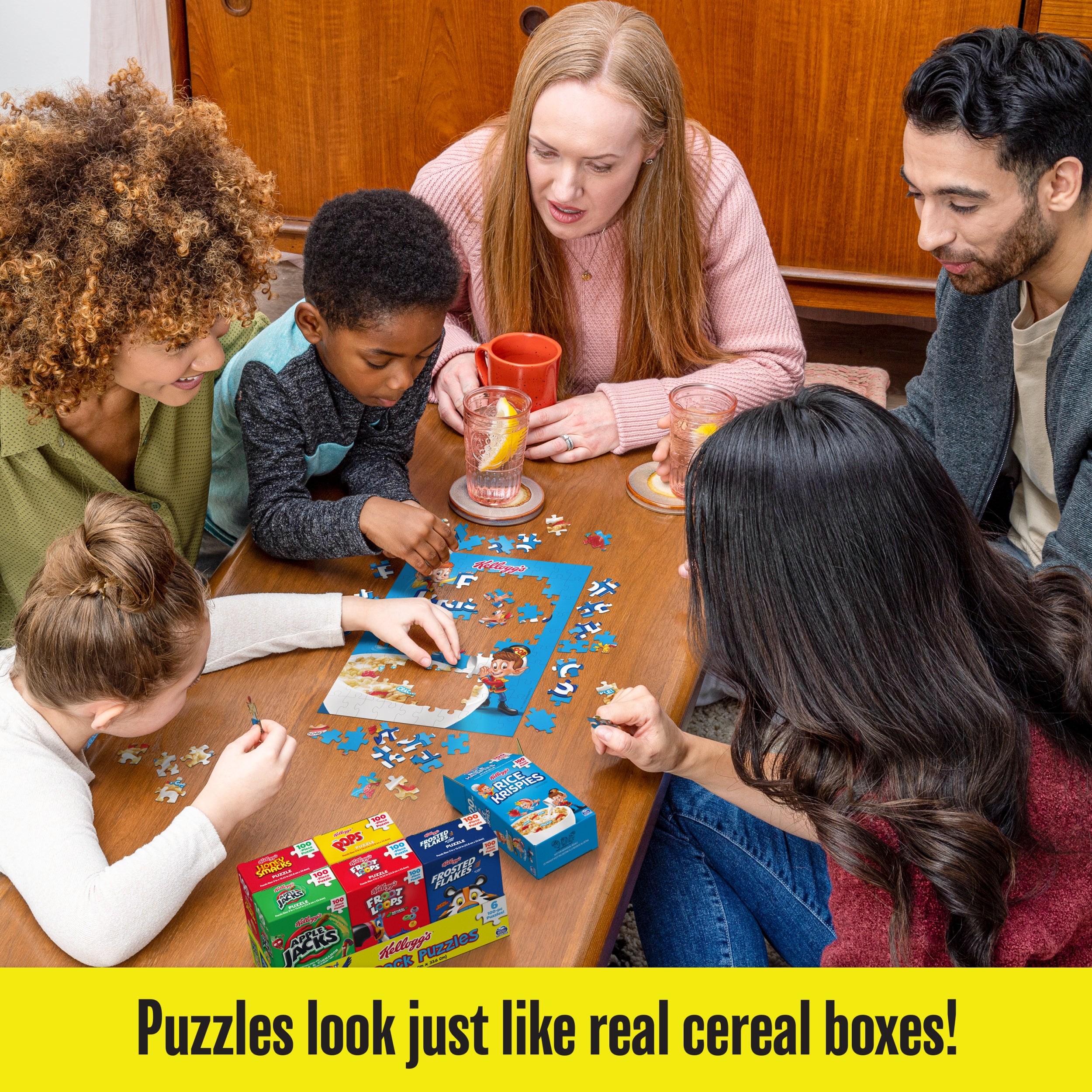 Spin Master Games, Kellogg's Cereal 100-Piece Puzzles 6-Pack, Square Cereal Boxes Puzzle Gift Set, Froot Loops, Rice Krispies, Raisin Bran, Corn Flakes, Frosted Flakes, Honey Smacks for Ages 4 & Up