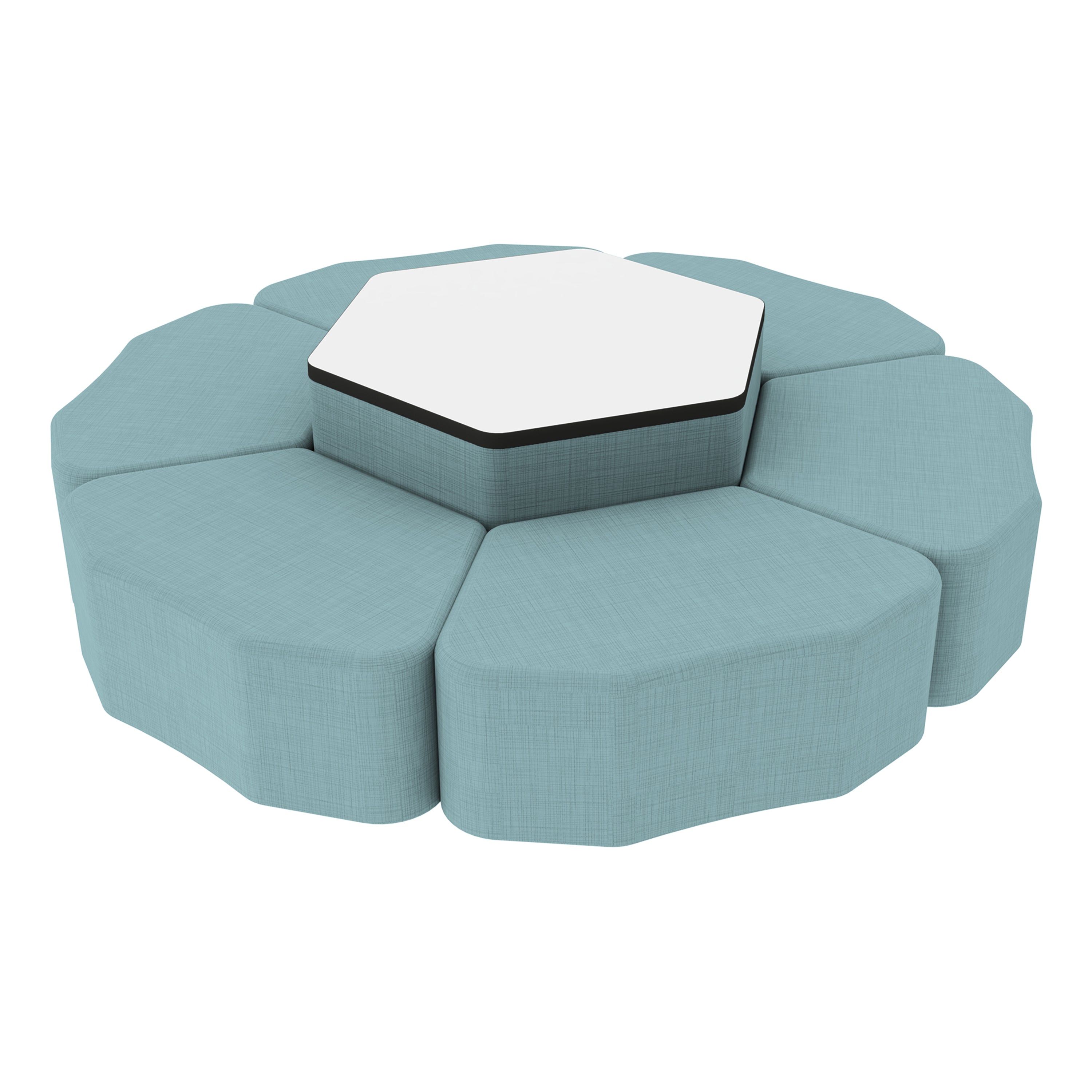 Pro Series Dry-Erase Hexagon Ottoman Table with Petal 12" H Seating, 7-Piece Set - Sky Blue Crosshatch/Whiteboard