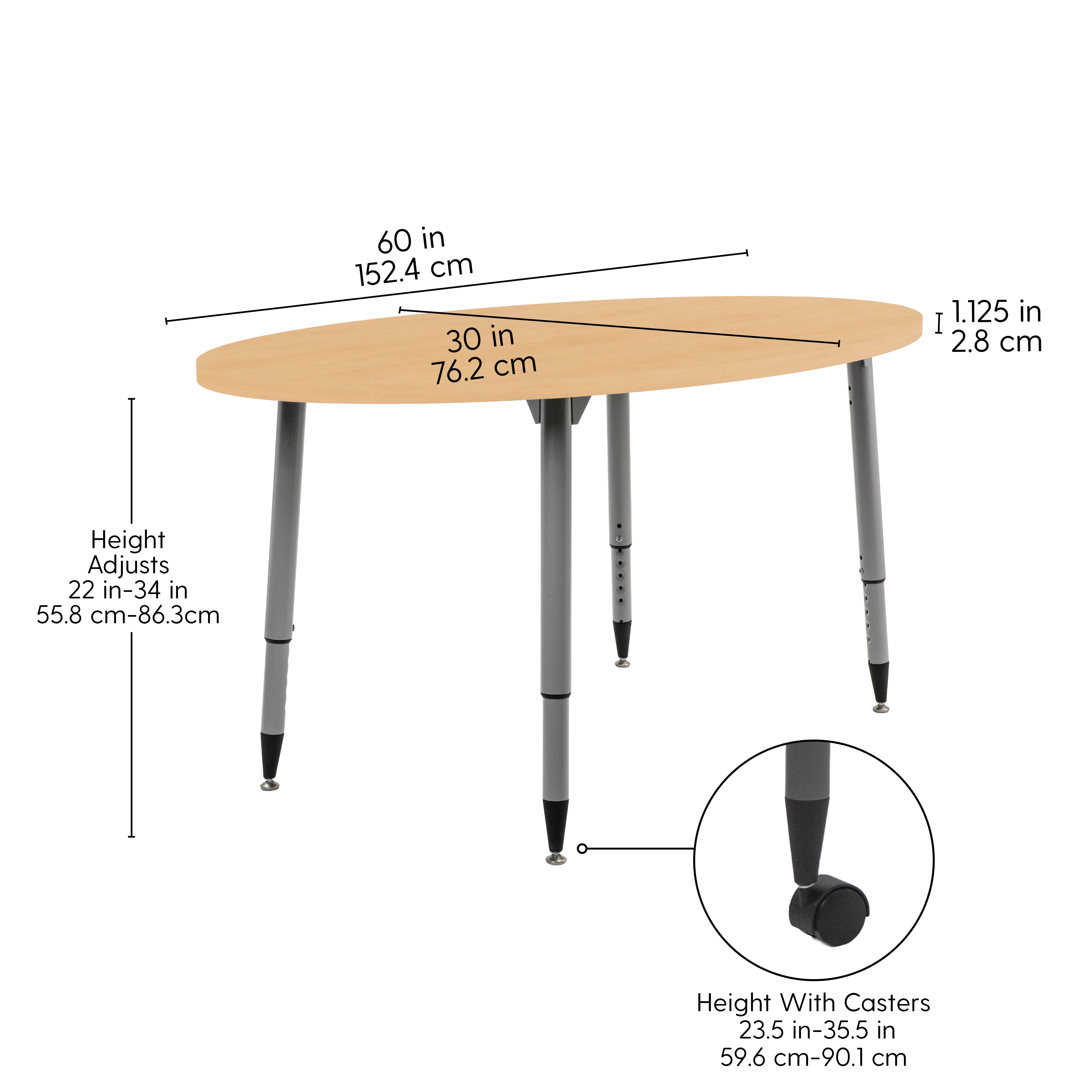 Adapte 30" x 60" Oval Woodgrain Activity Table with Adjustable Tapered Legs - Maple Grain/Silver