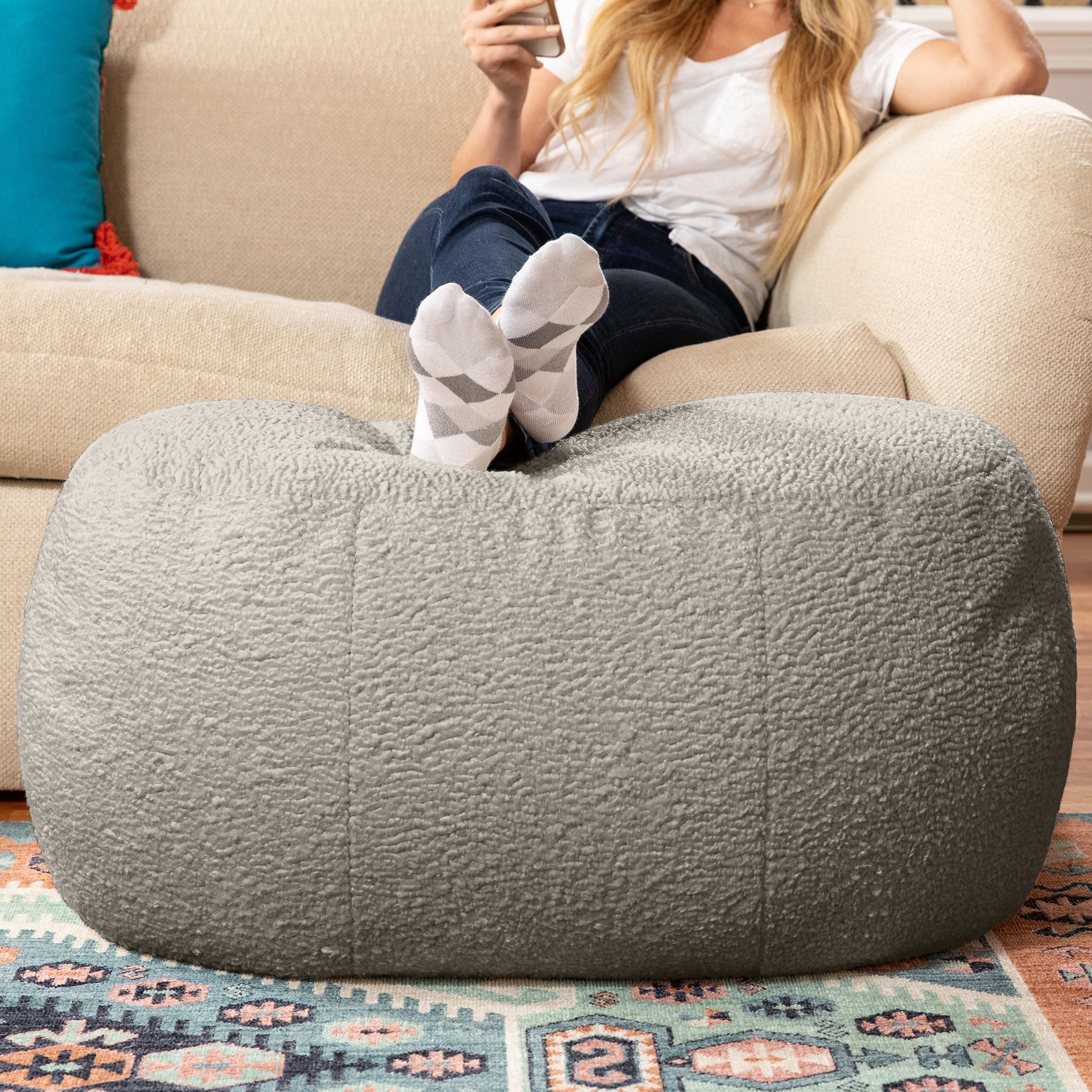 Jaxx Ellis Ottoman Shearling Faux-Lamb Plush Pouf for Modern Interior Design, Oval, Smoke