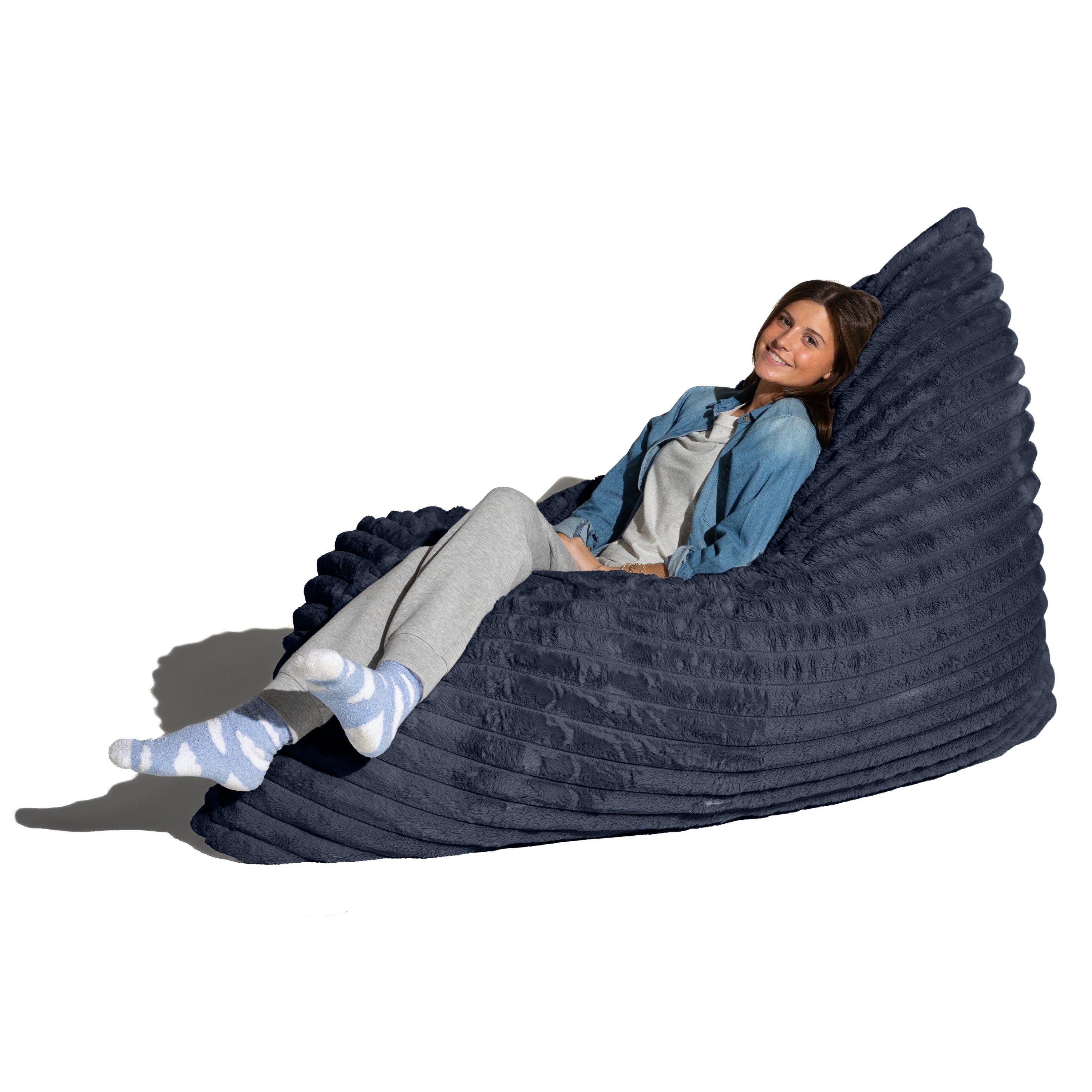 Pillow Saxx Bean Bag Rocking Chair - Elegant Oversized Rocker with Modern Wood Frame, Mondo Fur Midnight Blue