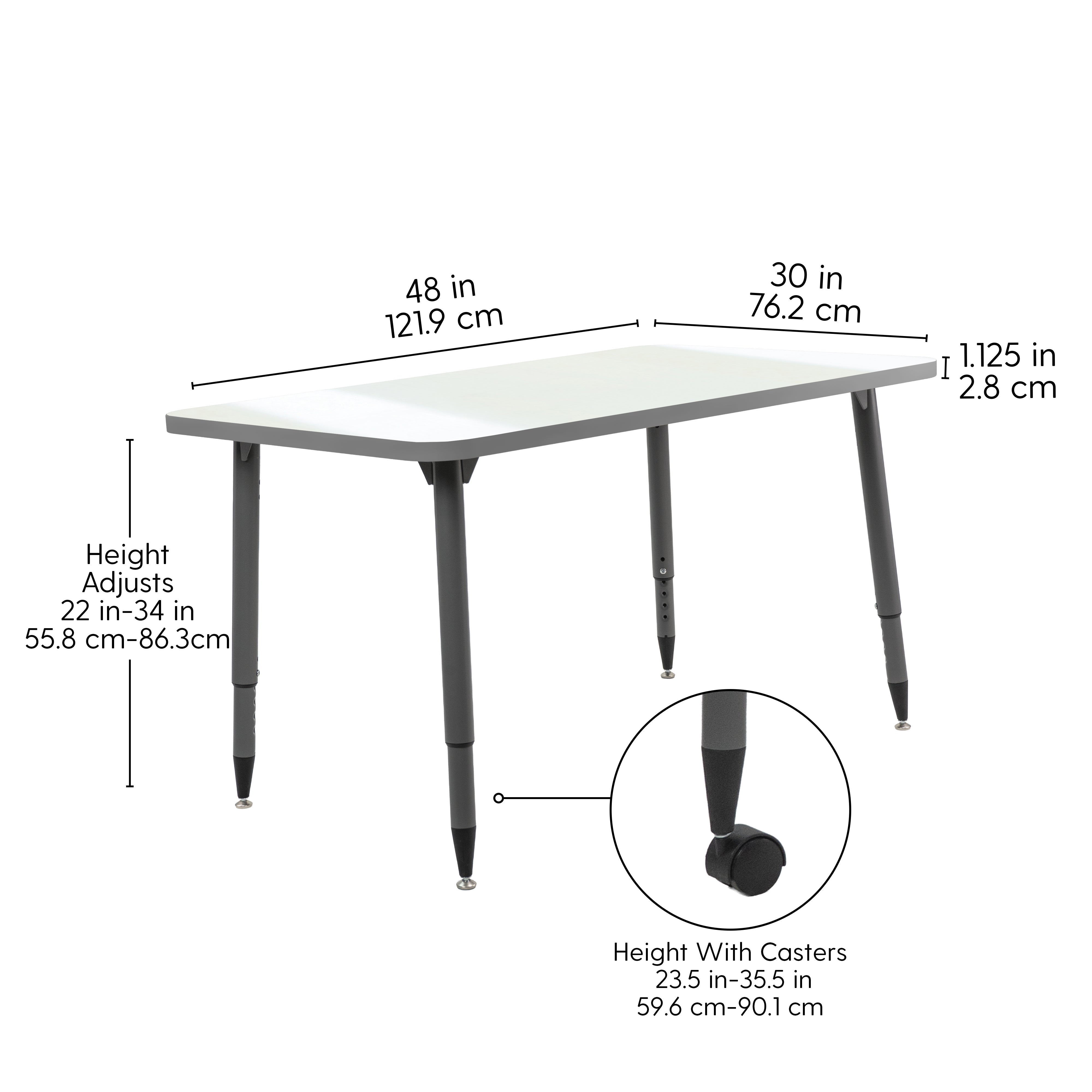 Adapte 30" x 48" Rectangle Dry-Erase Activity Table with Adjustable Tapered Legs - Whiteboard/North Sea