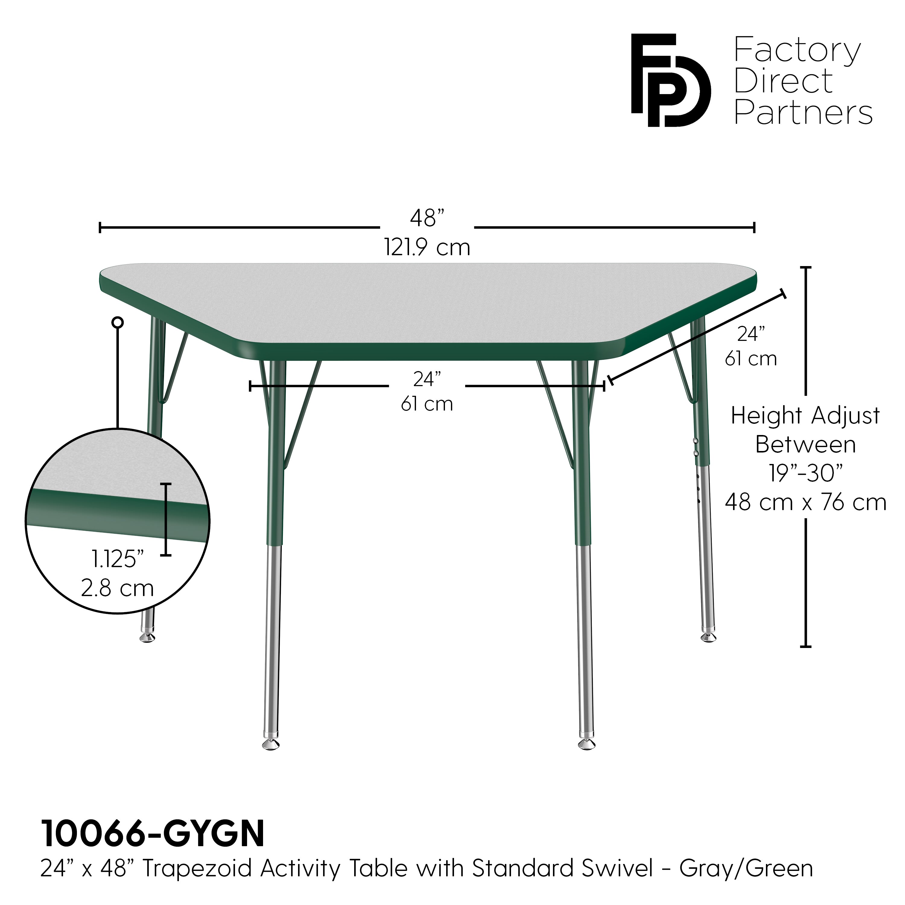 24" x 48" Trapezoid T-Molding Activity Table with Adjustable Standard Swivel Glide Legs - Gray/Green
