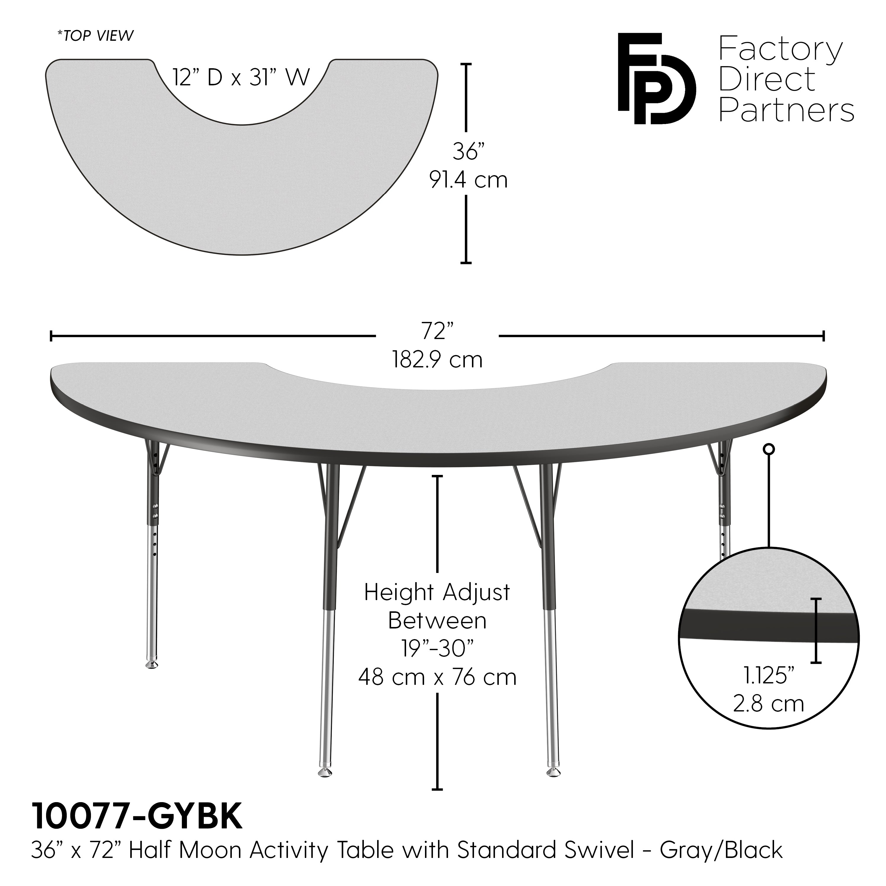 36" x 72" Half Moon T-Molding Activity Table with Adjustable Standard Swivel Glide Legs - Gray/Black