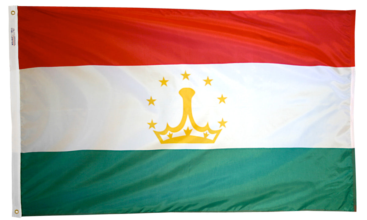 Tajikistan Flag 3x5 ft. Nylon SolarGuard Nyl-Glo 100% Made in USA to Official United Nations Design Specifications.