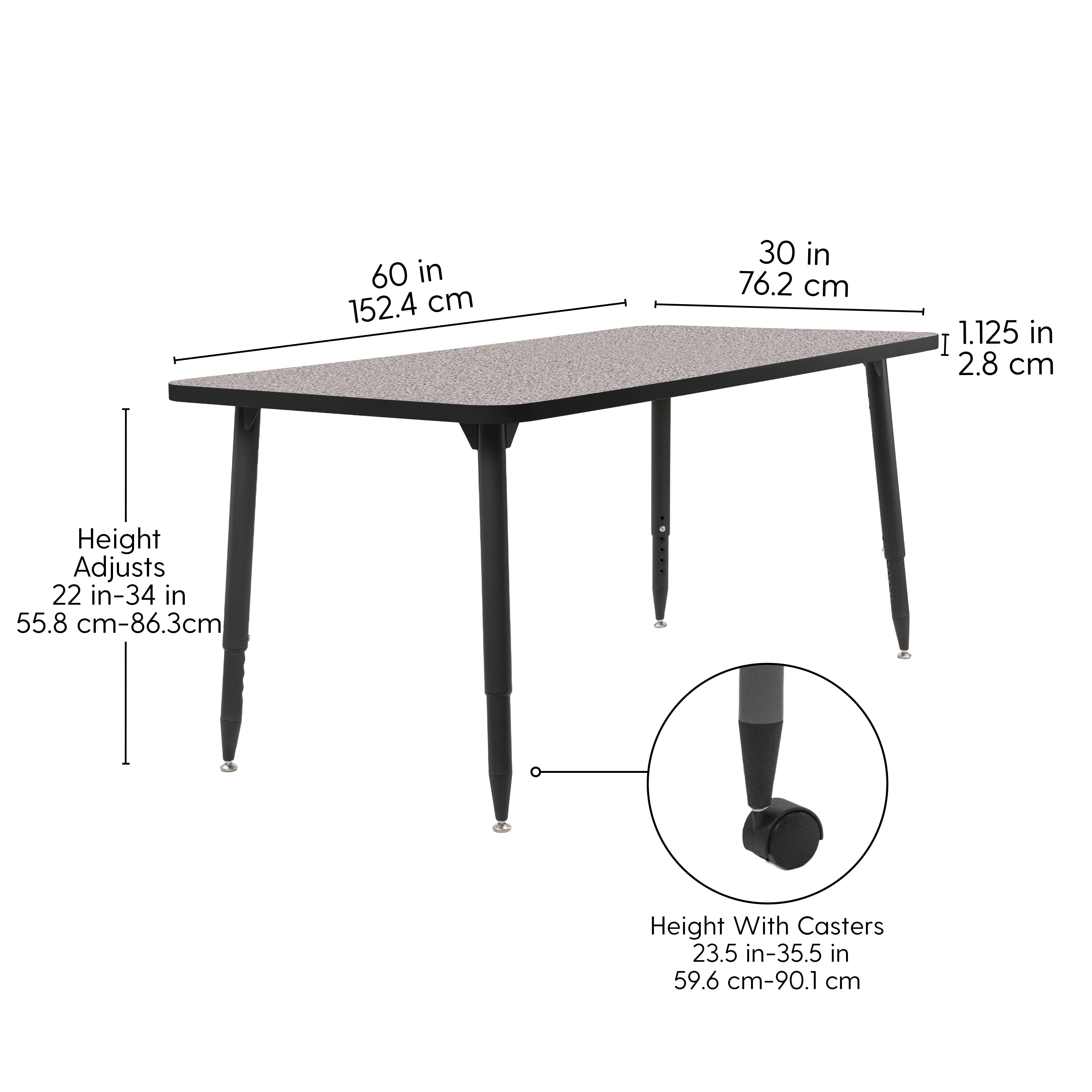 Adapte 30" x 60" Rectangle Thermofused Activity Table with Adjustable Tapered Legs - Gray/Black