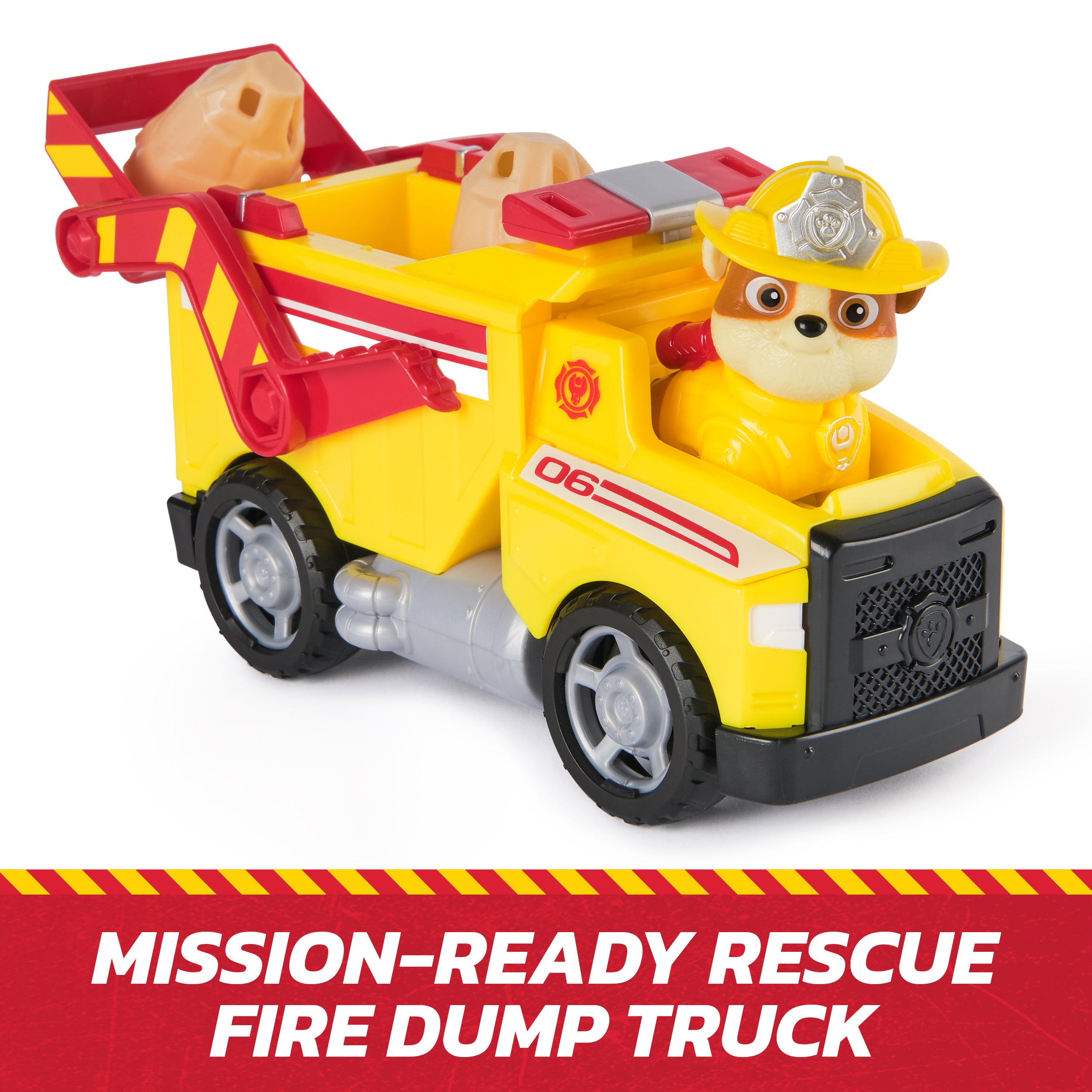 PAW Patrol Fire Rescue: Rubble Rescue Fire Dump Truck with Action Figure, Projectiles, and Toy Truck, Kids Toys for Boys & Girls Ages 3 and Up