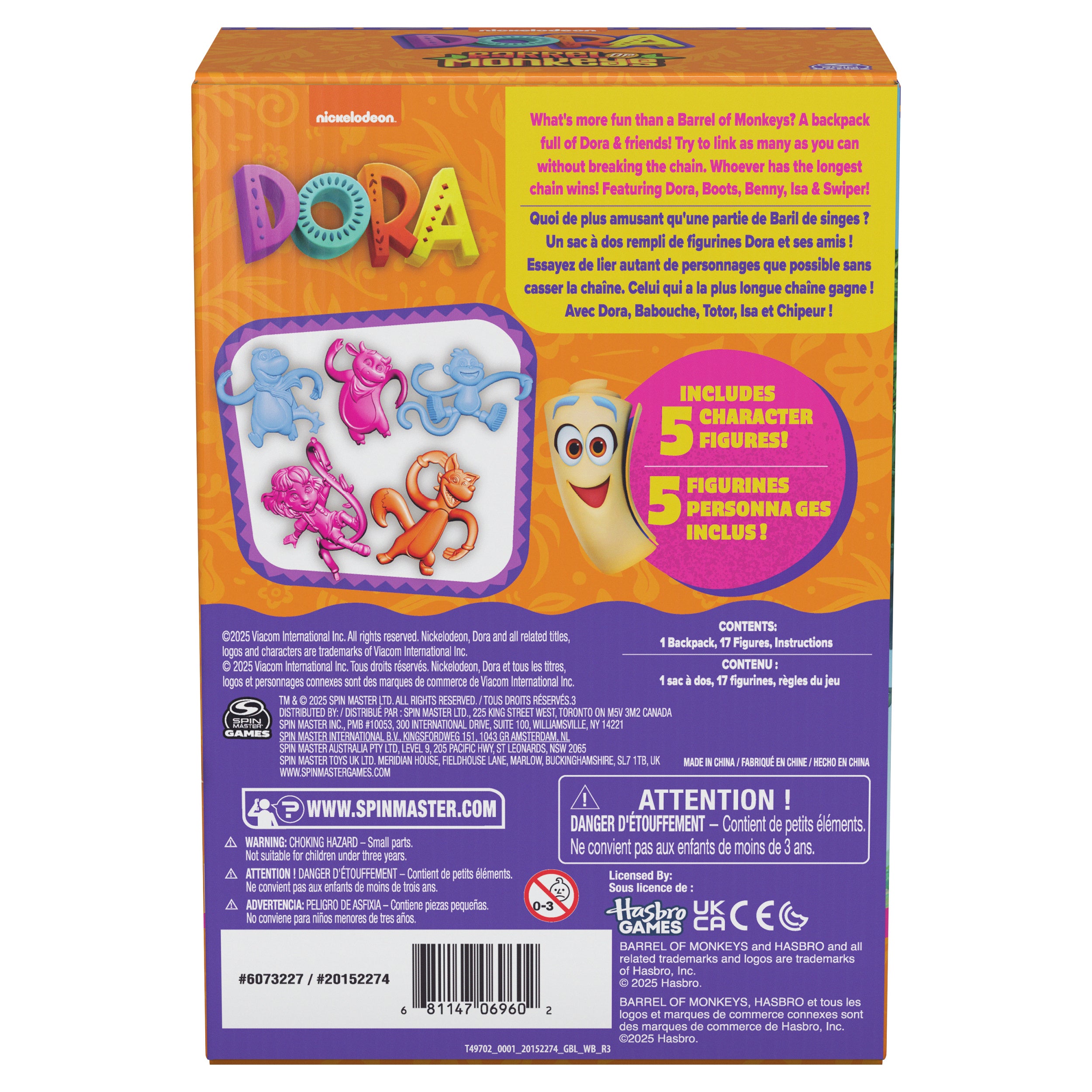 Spin Master Games, Dora the Explorer Barrel of Monkeys, Classic Linking Game in Backpack Storage Case, Easy Activity Toy for Preschoolers, Fun for Kids & Family, 1-4 Players, for Ages 3 & Up