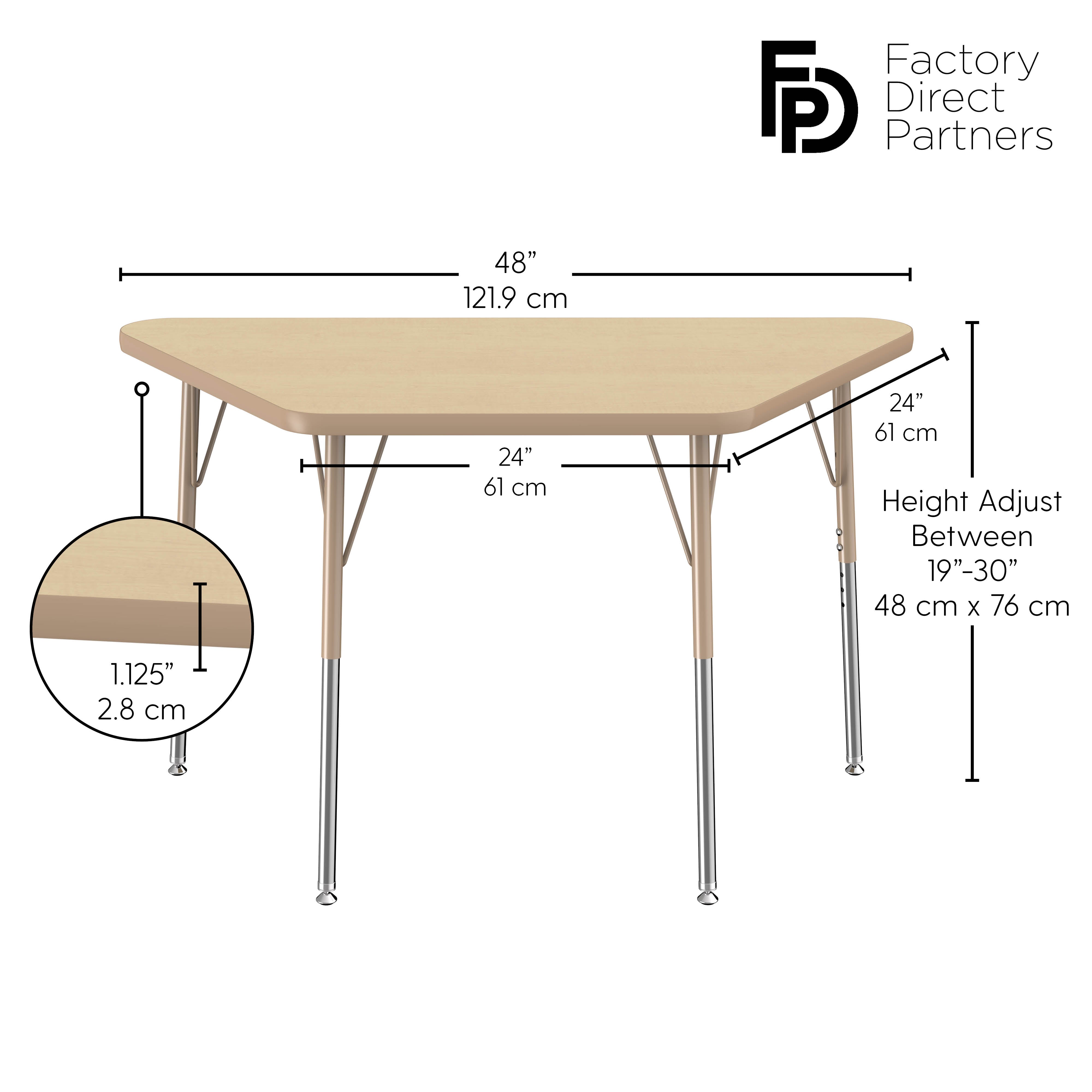 24" x 48" Trapezoid T-Molding Activity Table with Adjustable Standard Swivel Glide Legs - Maple/Sand