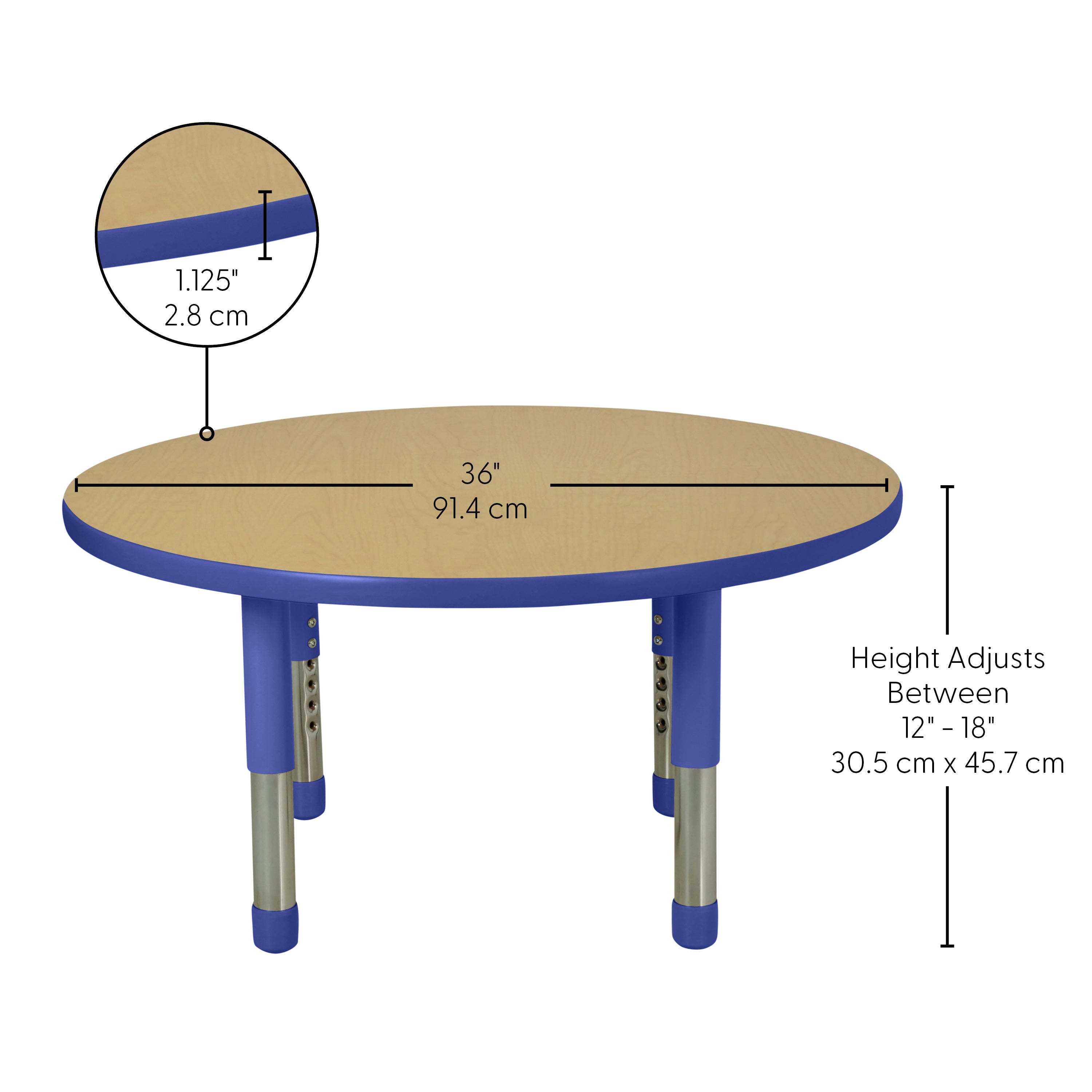 36" Round T-Molding Activity Table with Adjustable Tiny Tot Legs - Maple/Blue