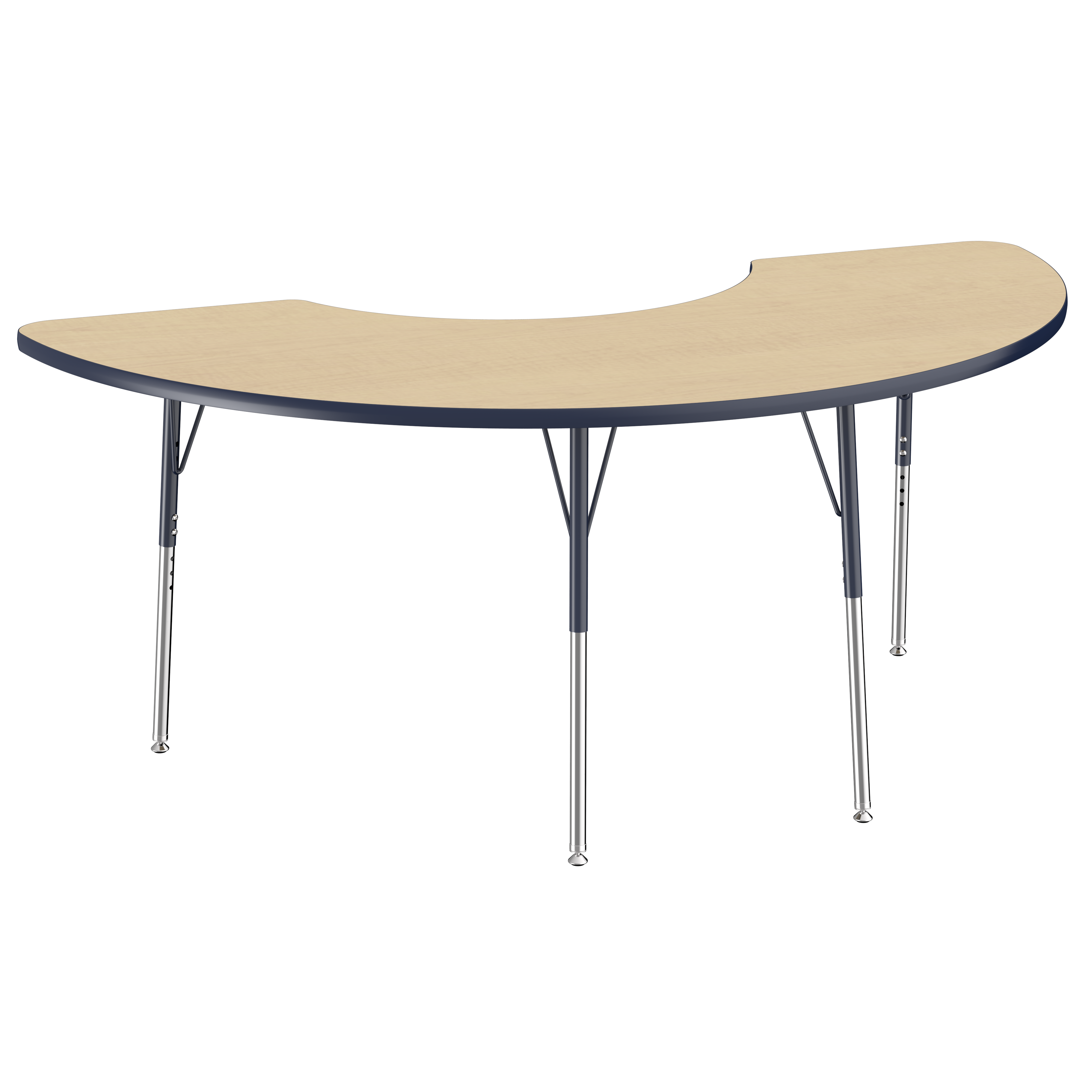 36" x 72" Half Moon T-Molding Activity Table with Adjustable Standard Swivel Glide Legs - Maple/Navy