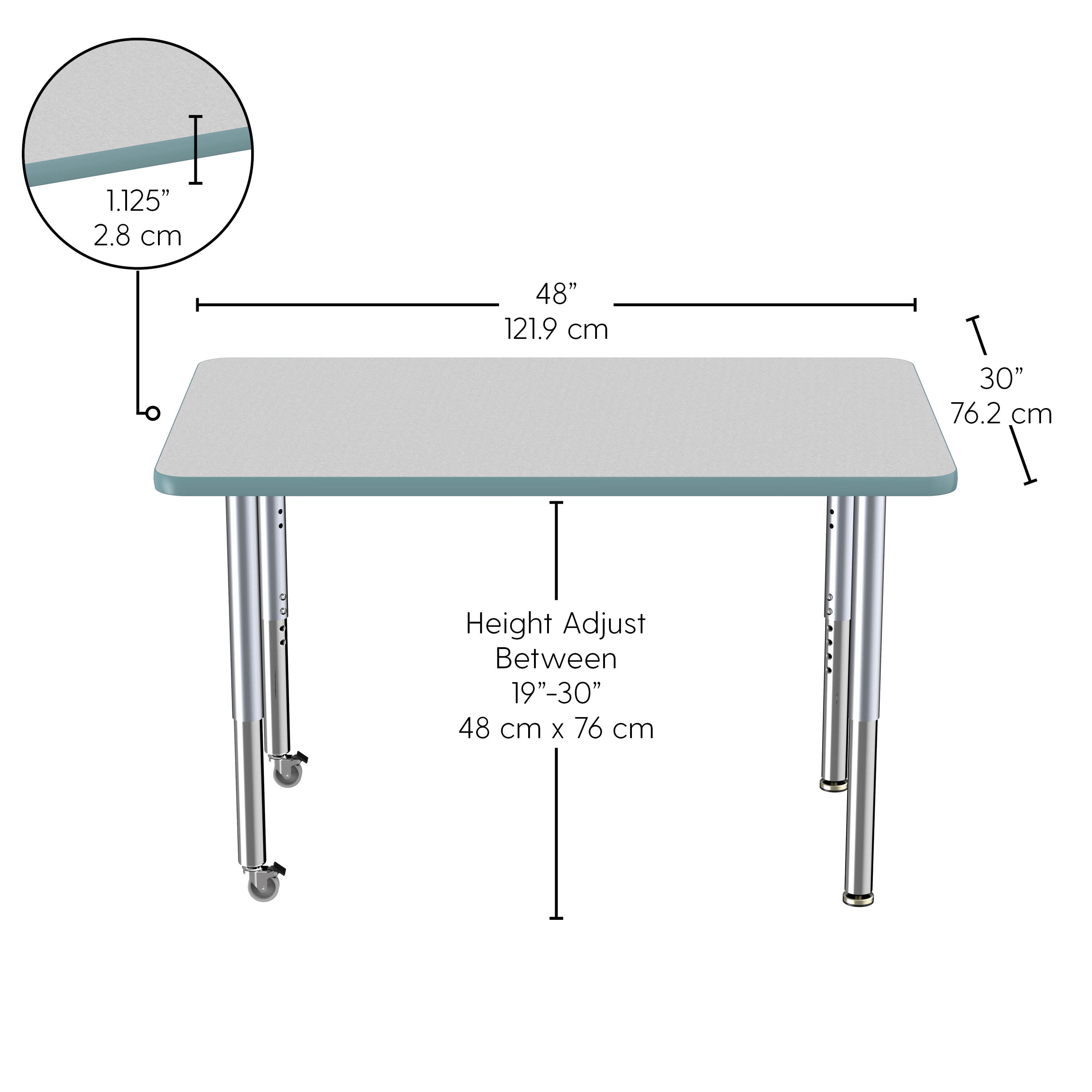 30" x 48" Rectangle Thermofused Activity Table with Adjustable Super Legs - Gray/Seafoam/Silver