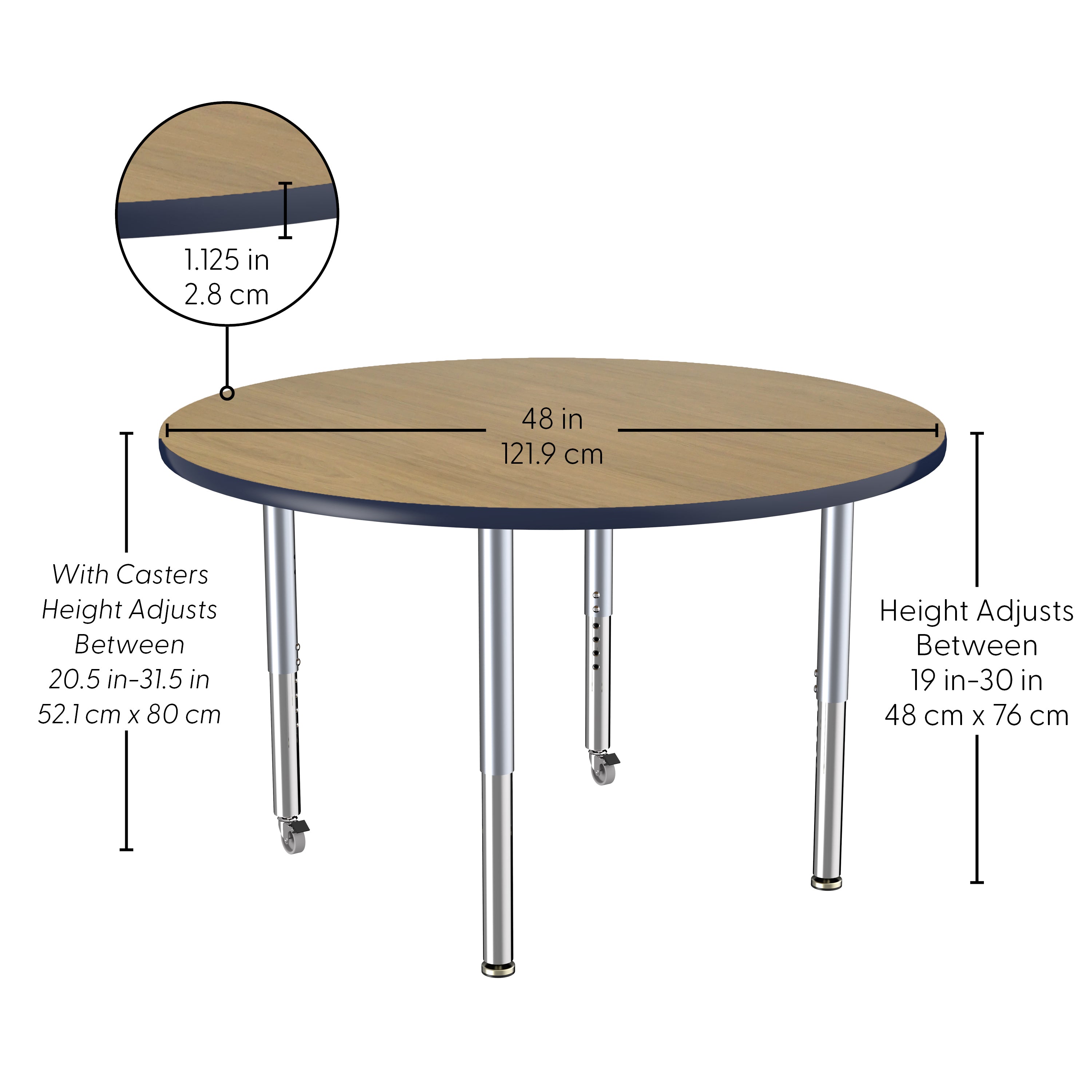 48" Round Thermofused Activity Table with Adjustable Super Legs - Pasadena Oak/Navy/Silver