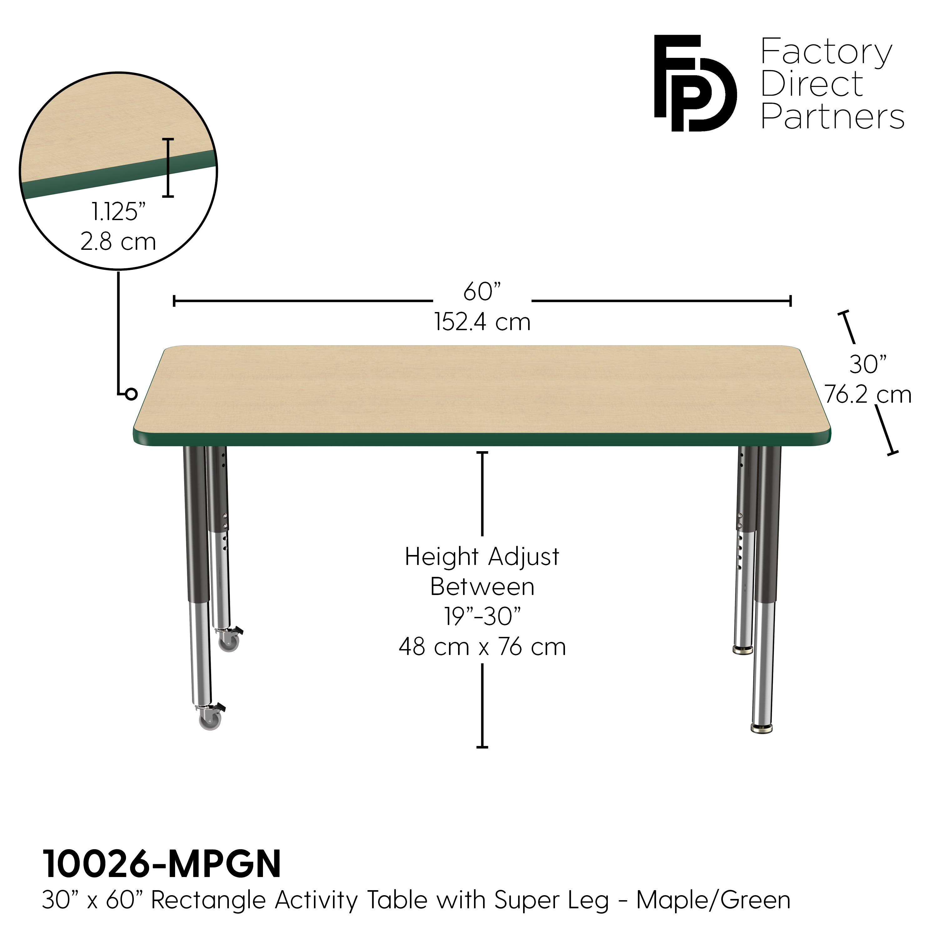 30" x 60" Rectangle T-Molding Activity Table with Adjustable Super Legs - Maple/Green/Black