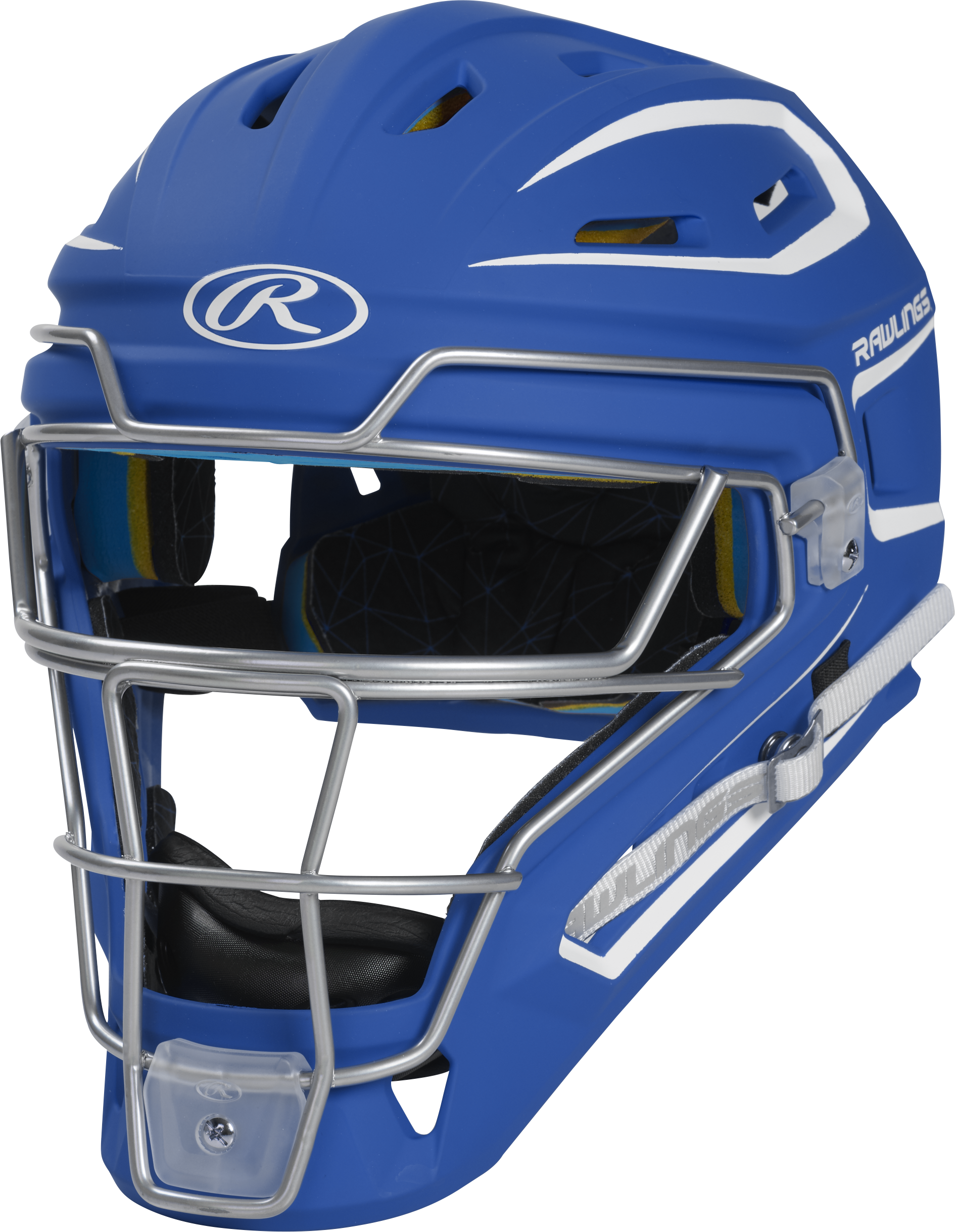 Rawlings Mach Matte 2-Tone Hockey Style Senior Catchers Helmet - Royal/White