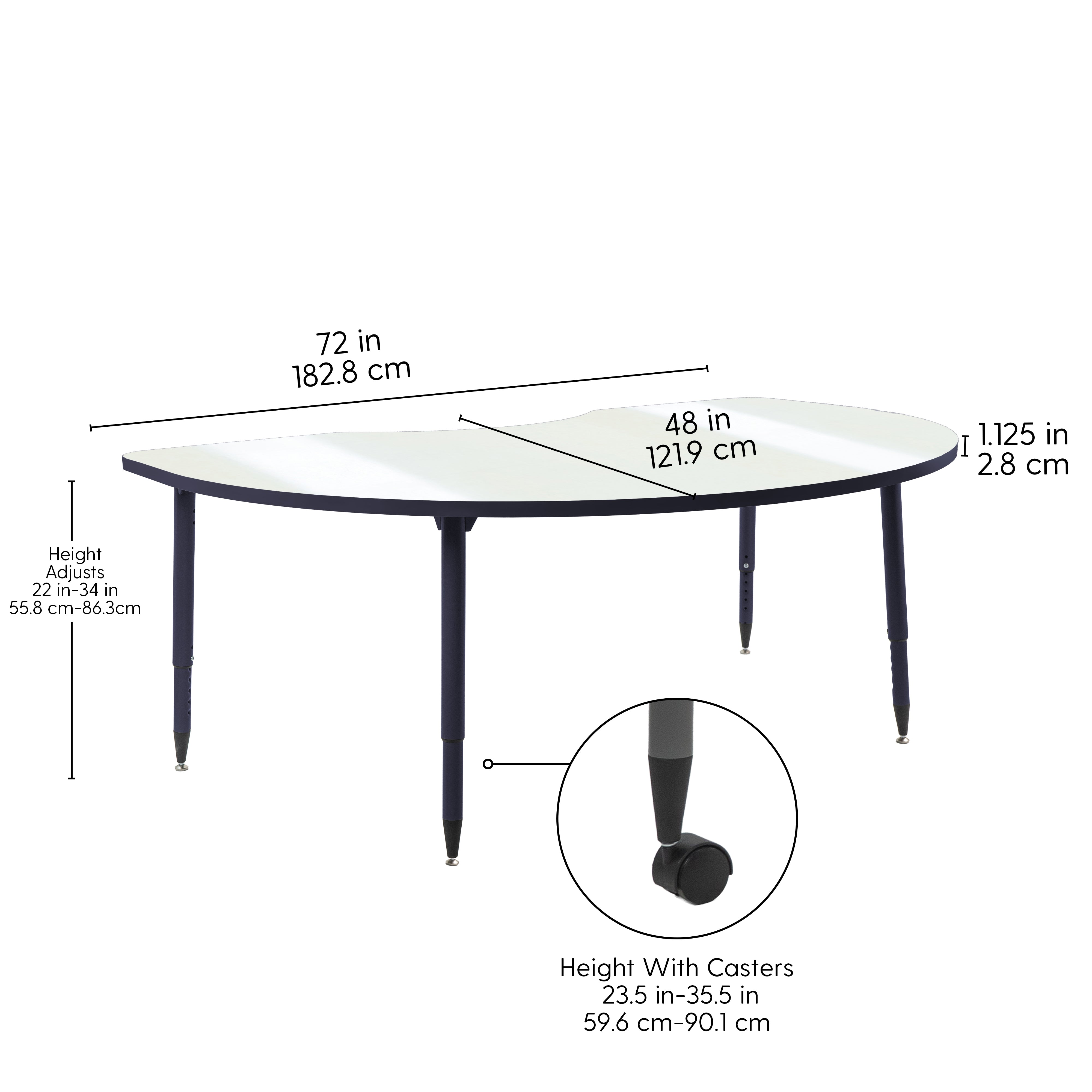 Adapte 48" x 72" Kidney Dry-Erase Activity Table with Adjustable Tapered Legs - Whiteboard/Navy