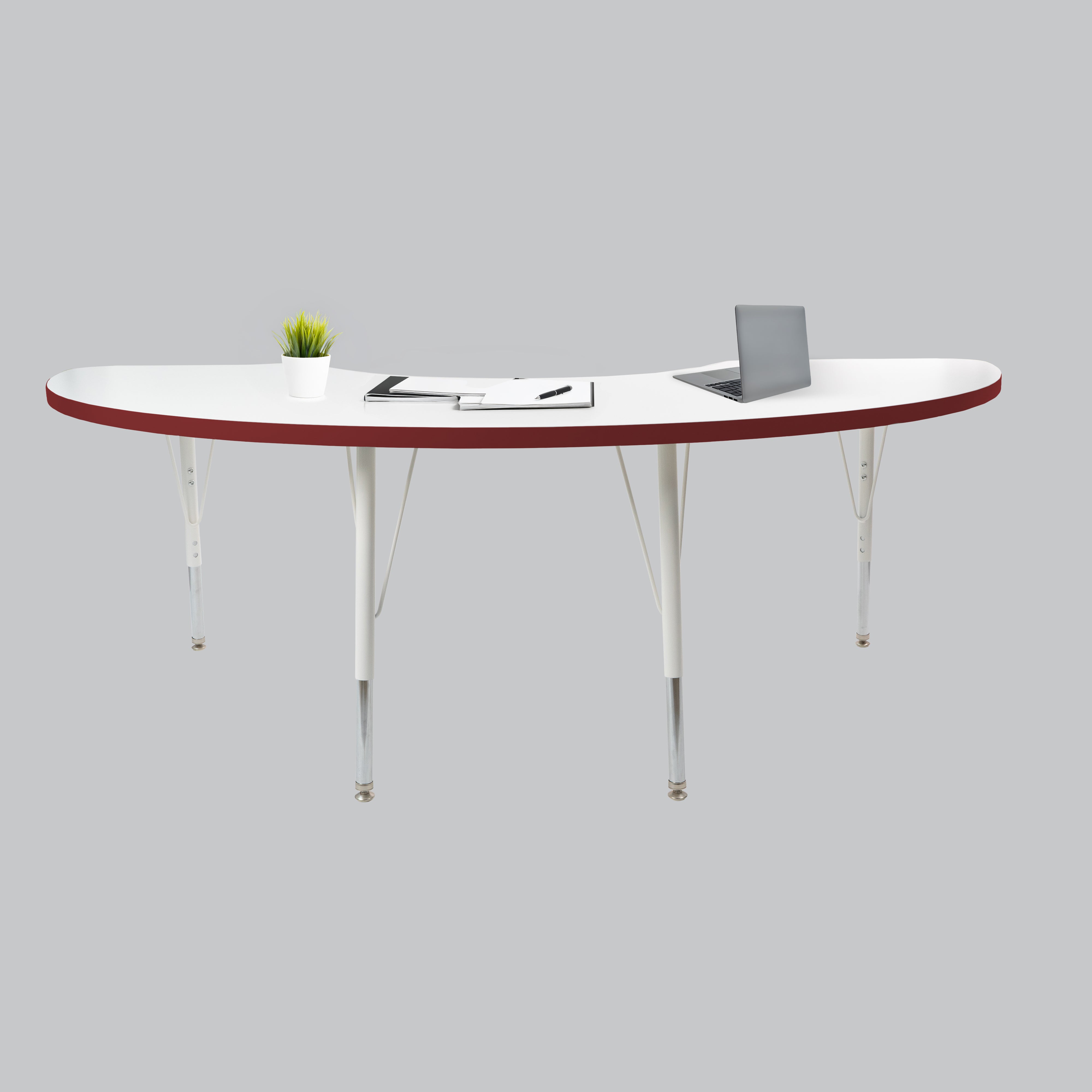 36" x 72" Half Moon Thermofused Activity Table with Adjustable Standard Swivel Glide Legs - White/Burgundy/White
