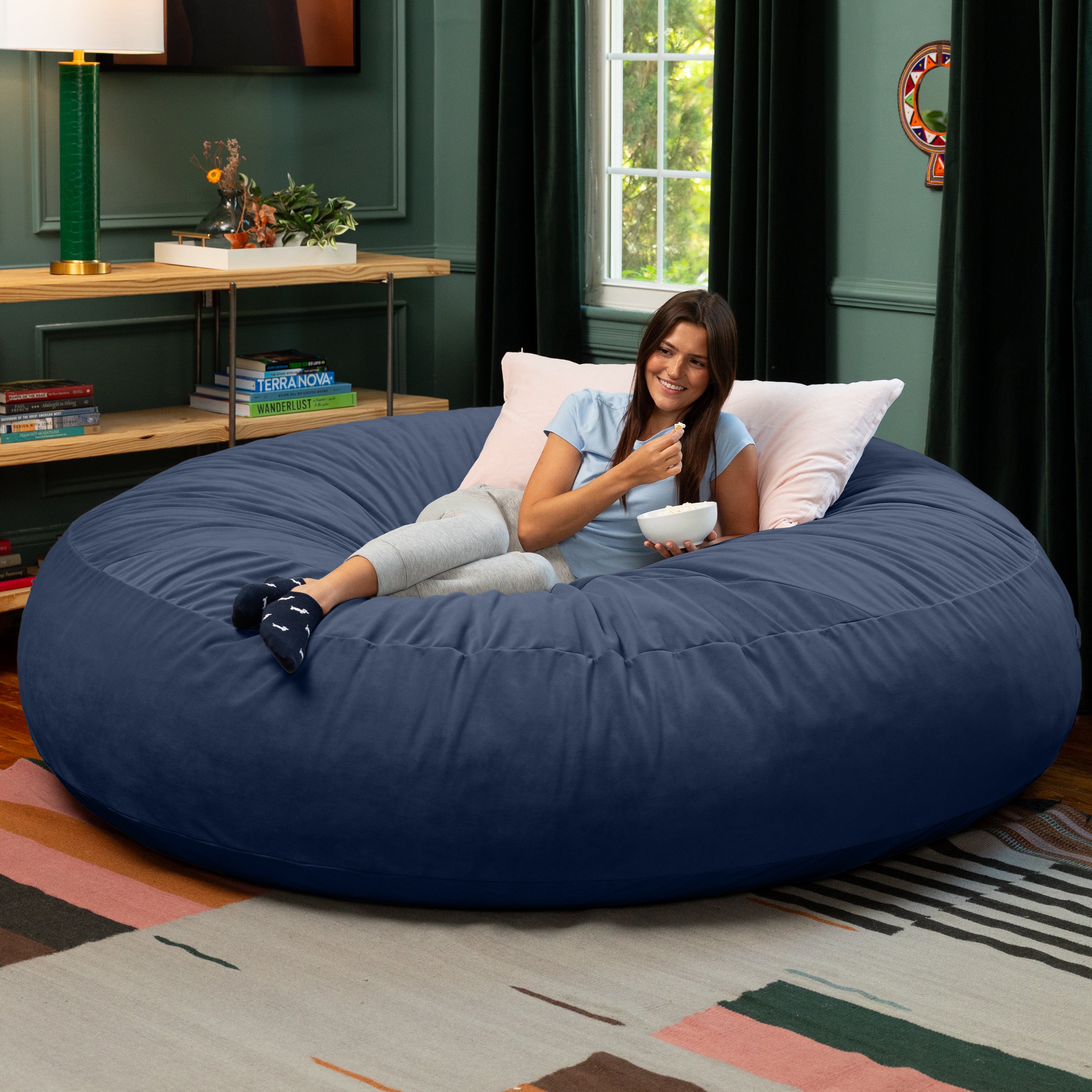 Jaxx 7 Foot Cocoon - 2-in-1 Convertible Bean Bag Bed & Large Bean Bag Chair for Adults, Lush Velvet Navy Blue