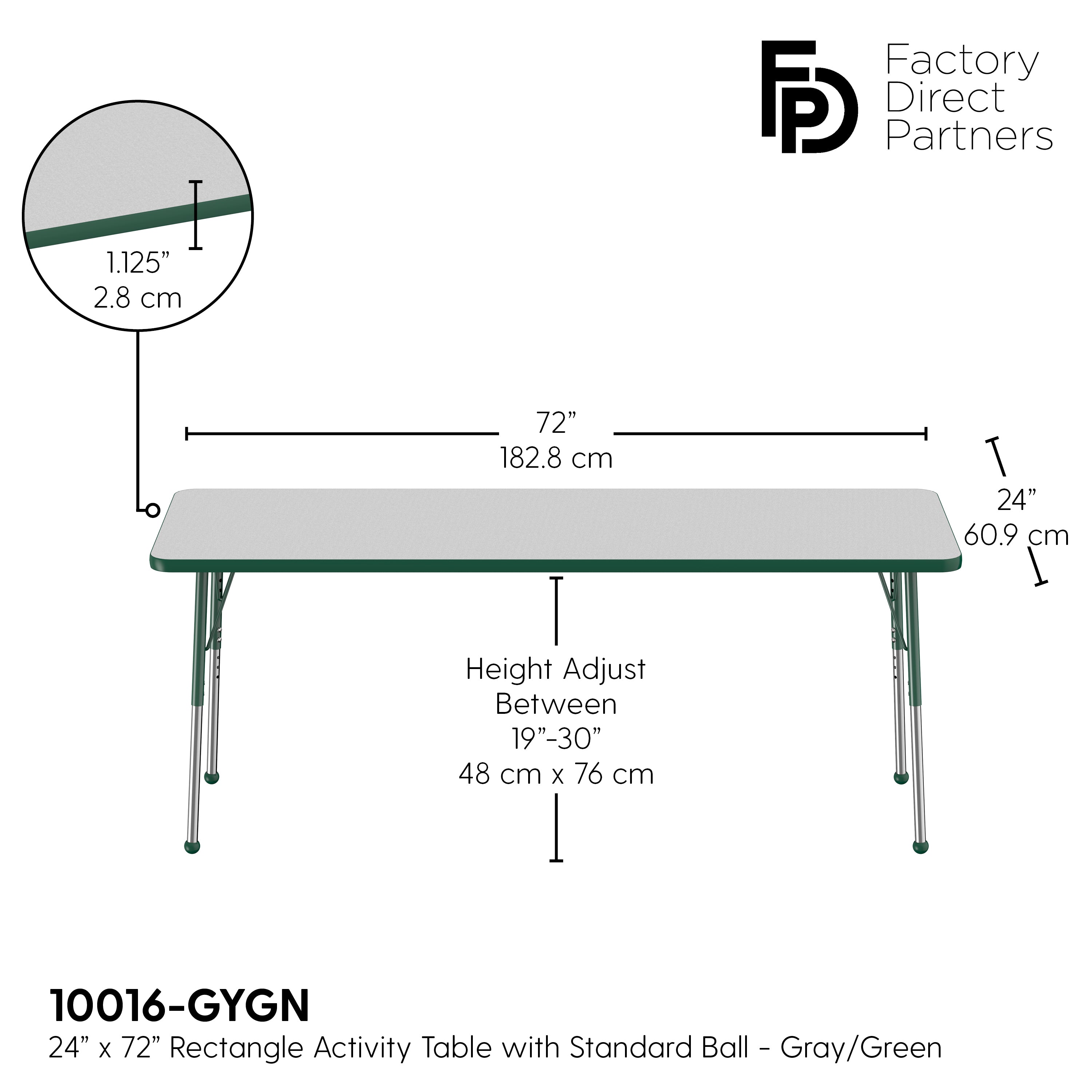 24" x 72" Rectangle T-Molding Activity Table with Adjustable Standard Ball Glide Legs - Gray/Green