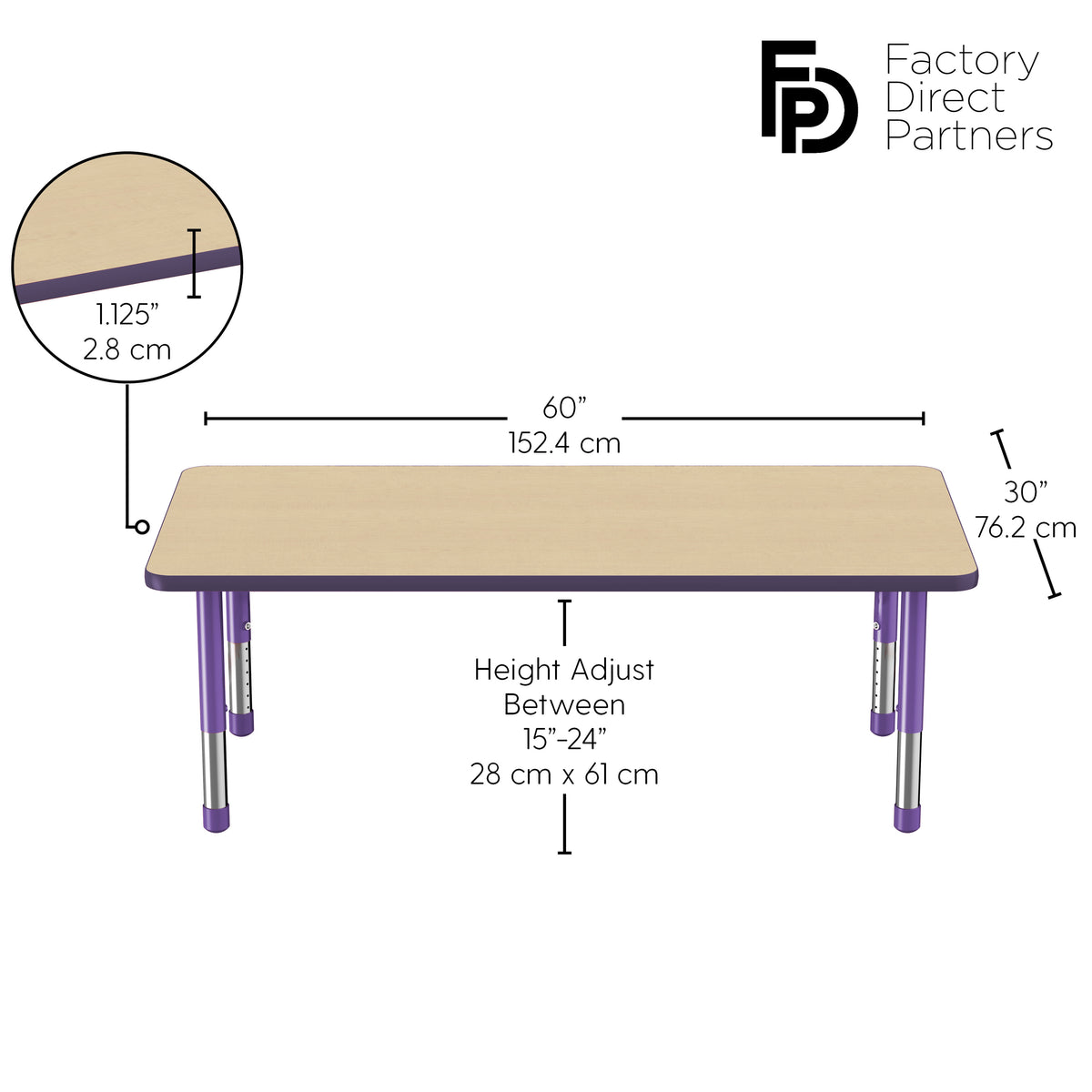 30" x 60" Rectangle T-Molding Activity Table with Adjustable Chunky Legs - Maple/Purple