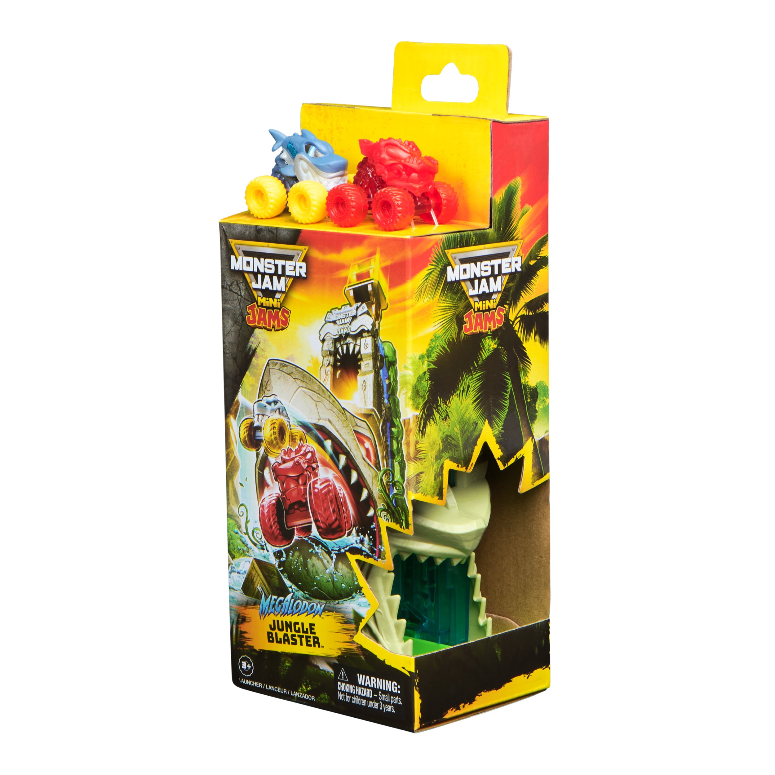Monster Jam Mini Jams, Megalodon Jungle Blaster Launcher Playset, 2 Exclusive Die-Cast Monster Trucks & Accessory, Kids Toys for Boy and Girls Ages 3 and up