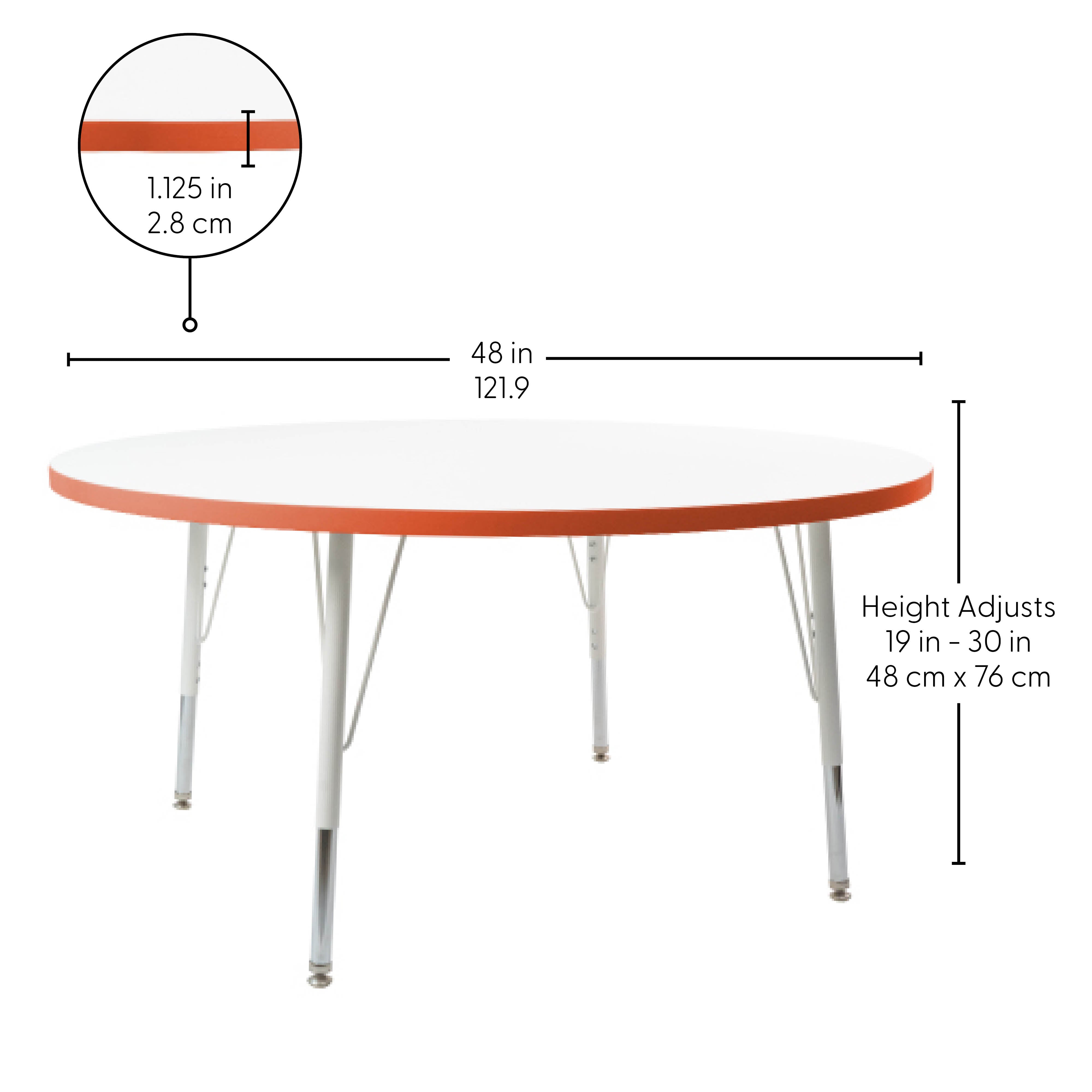 48" Round Thermofused Activity Table with Adjustable Standard Swivel Glide Legs - White/Tangerine/White