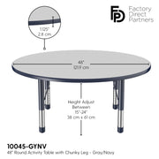 48" Round T-Molding Activity Table with Adjustable Chunky Legs - Gray/Navy