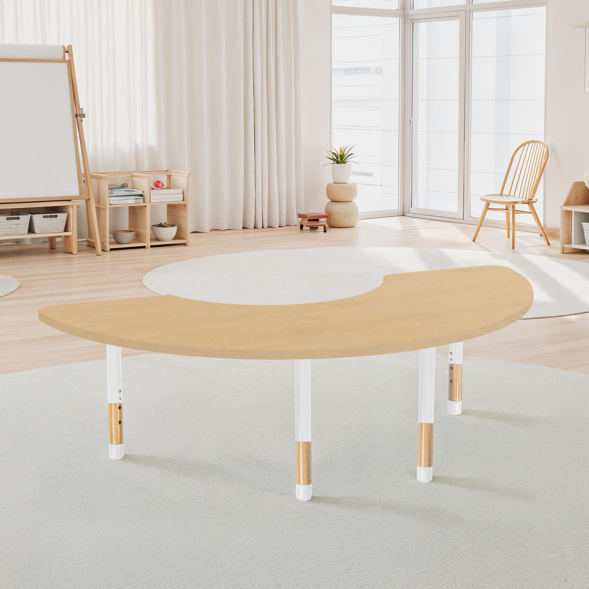 36" x 72" Half Moon Thermofused Activity Table with Adjustable Chunky Wood Legs - Maple Grain/White/Natural