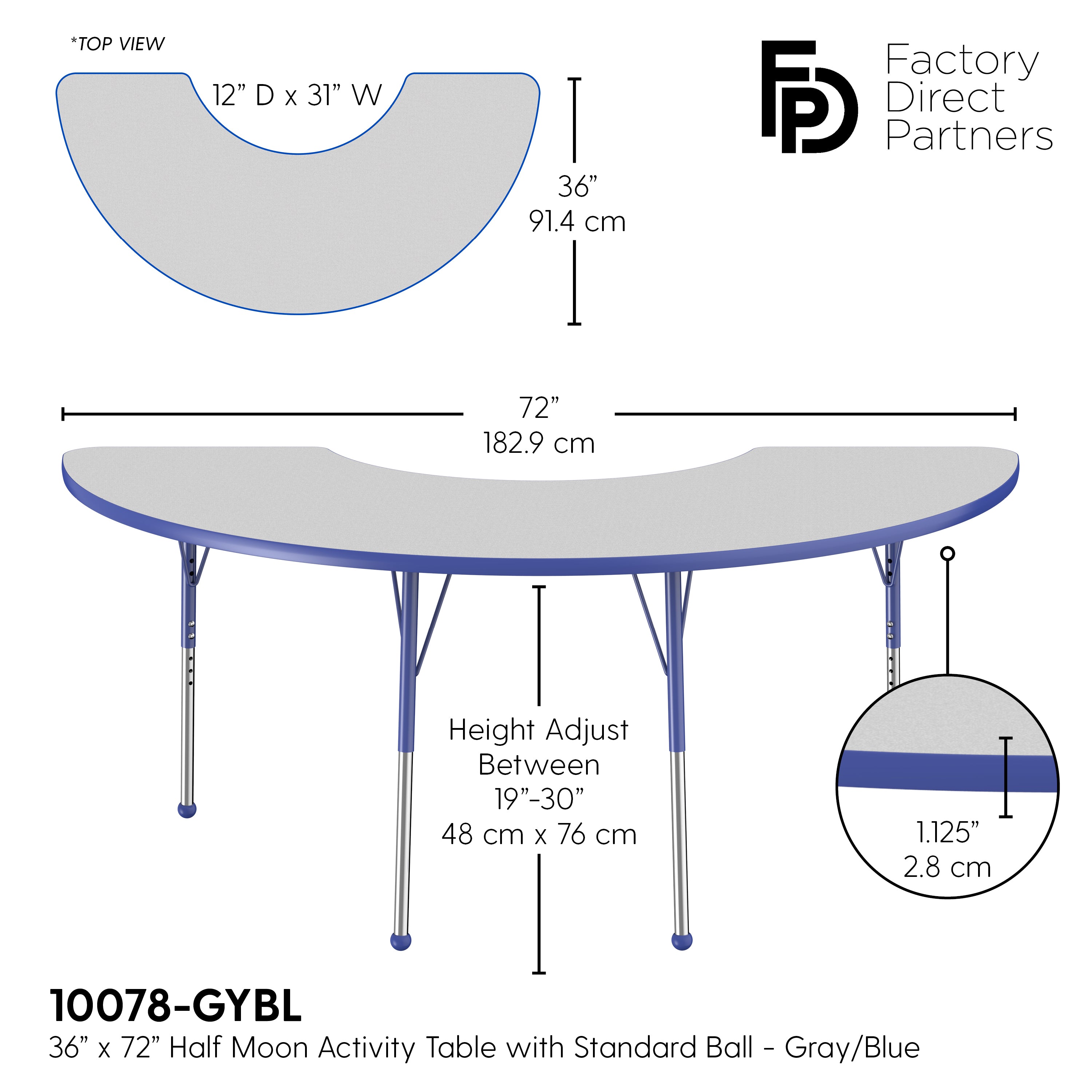 36" x 72" Half Moon T-Molding Activity Table with Adjustable Standard Ball Glide Legs - Gray/Blue