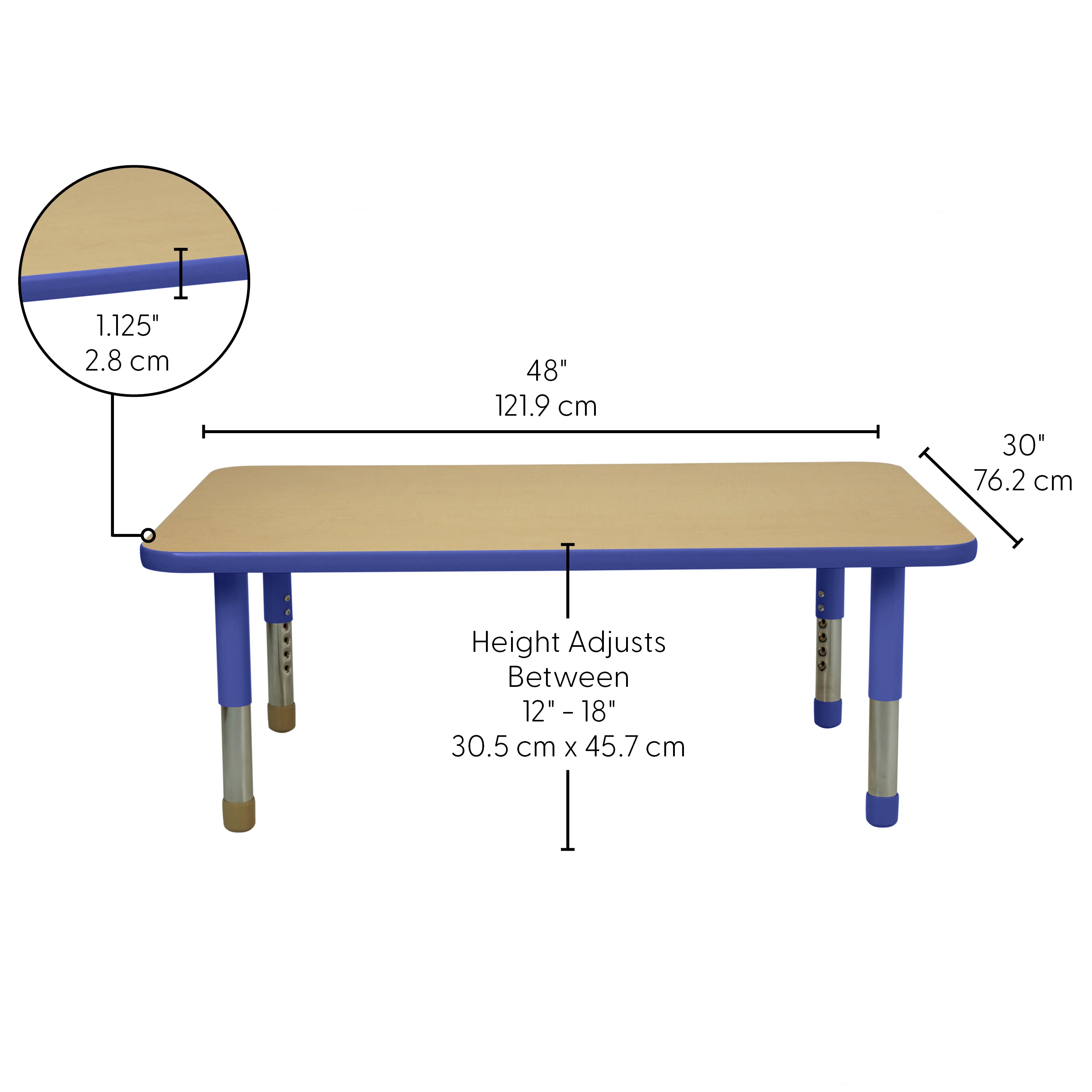 30" x 48" Rectangle T-Molding Activity Table with Adjustable Tiny Tot Legs - Maple/Blue