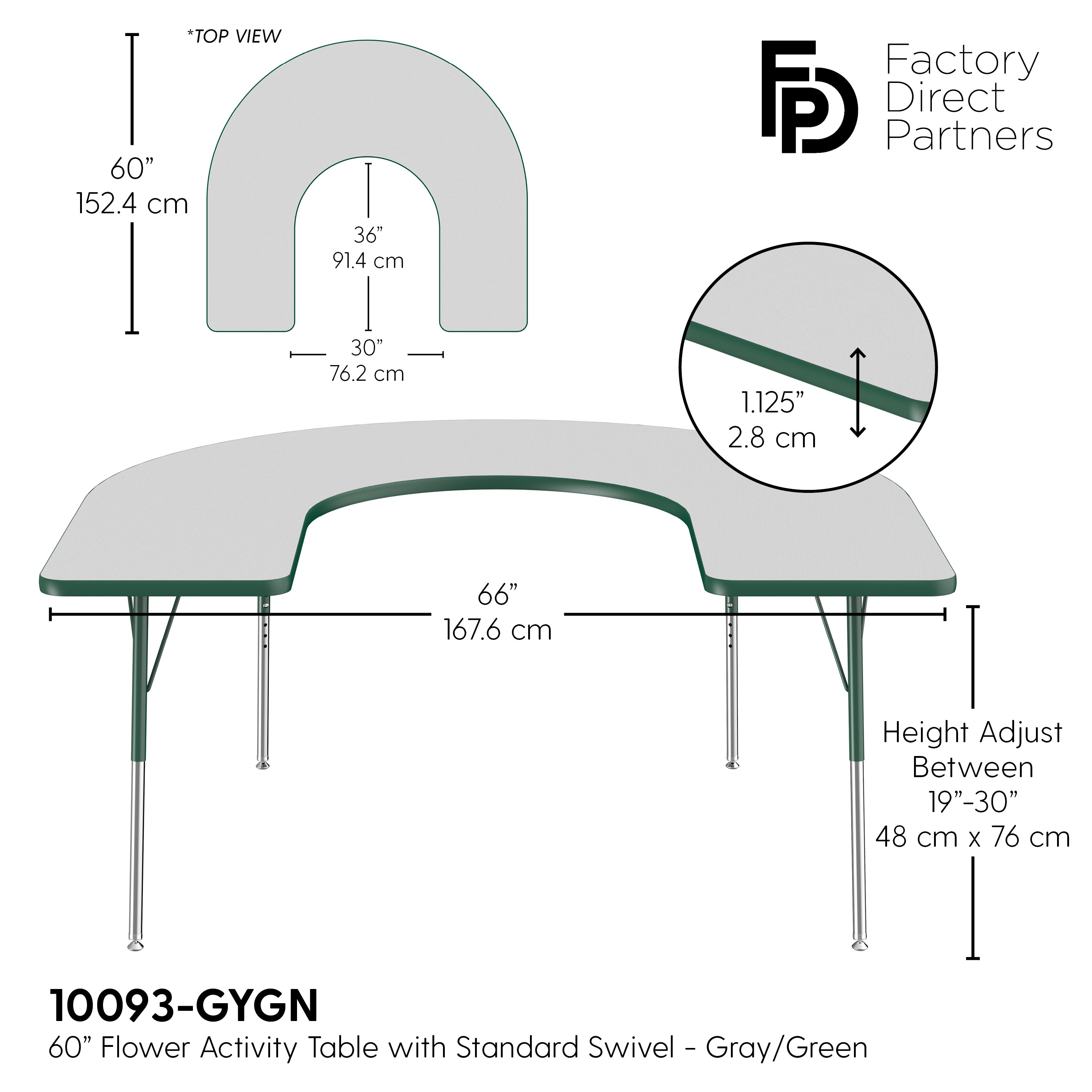 60" x 66" Horseshoe T-Molding Activity Table with Adjustable Standard Swivel Glide Legs - Gray/Green