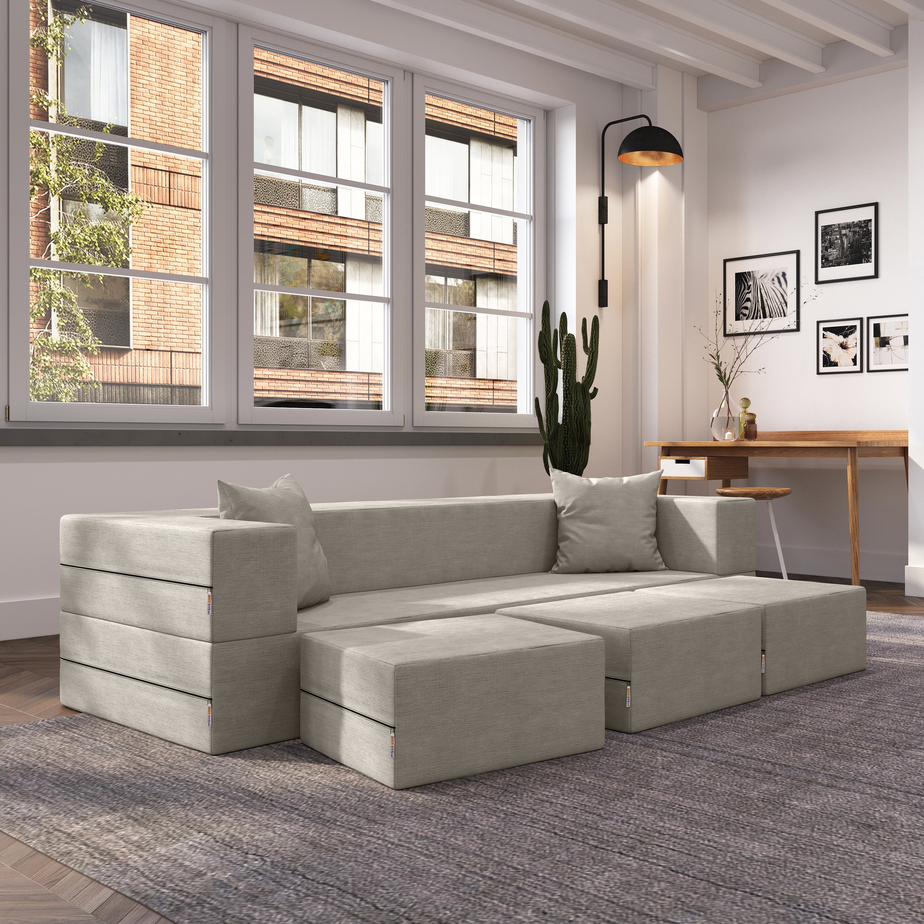 Jaxx Zipline Convertible Sleeper Sofa & Three Ottomans / California King-Size Bed, Textured Microvelvet - Dove Grey