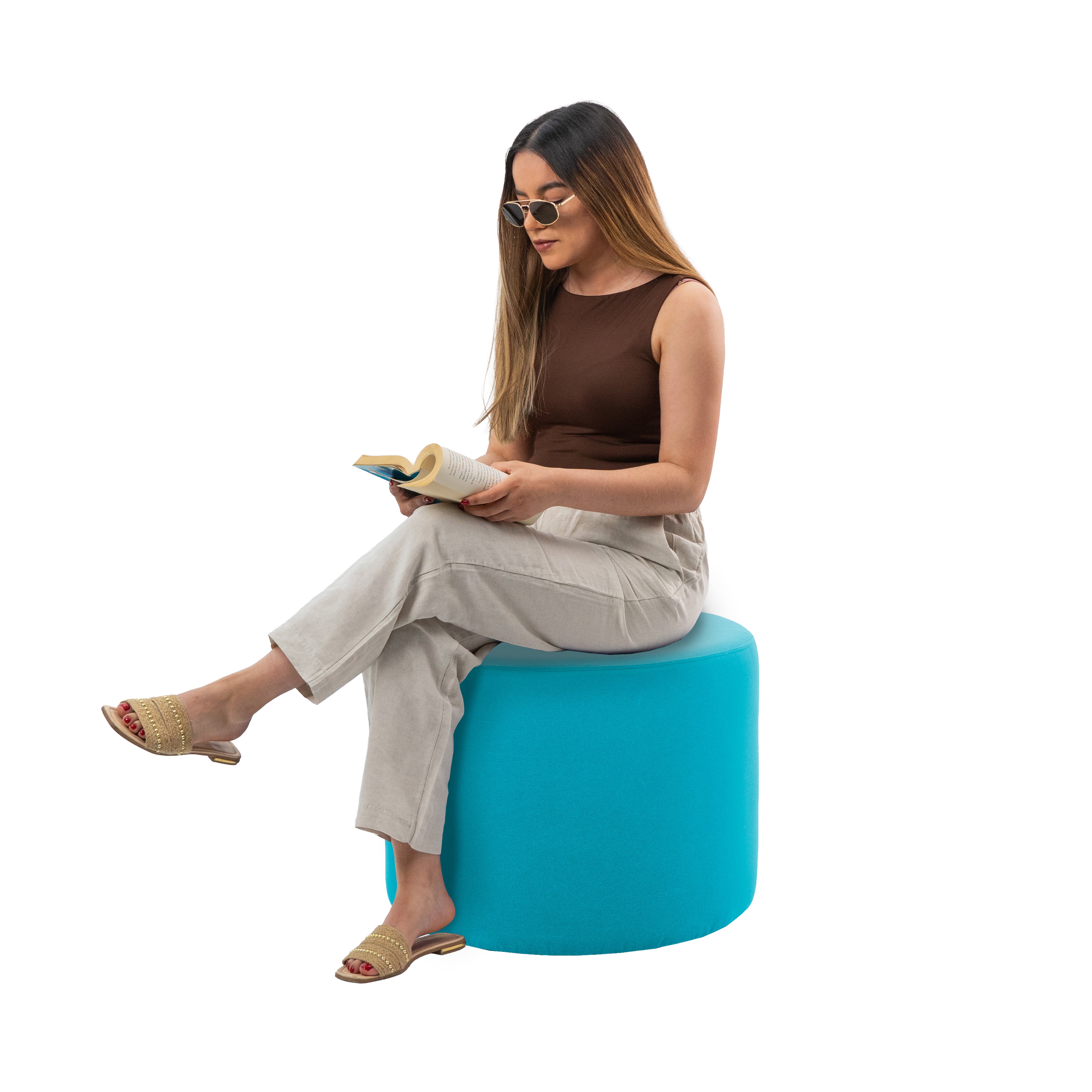 Outdoor 24" Round Ottoman with Sunbrella®, 18" H - Canvas Aruba