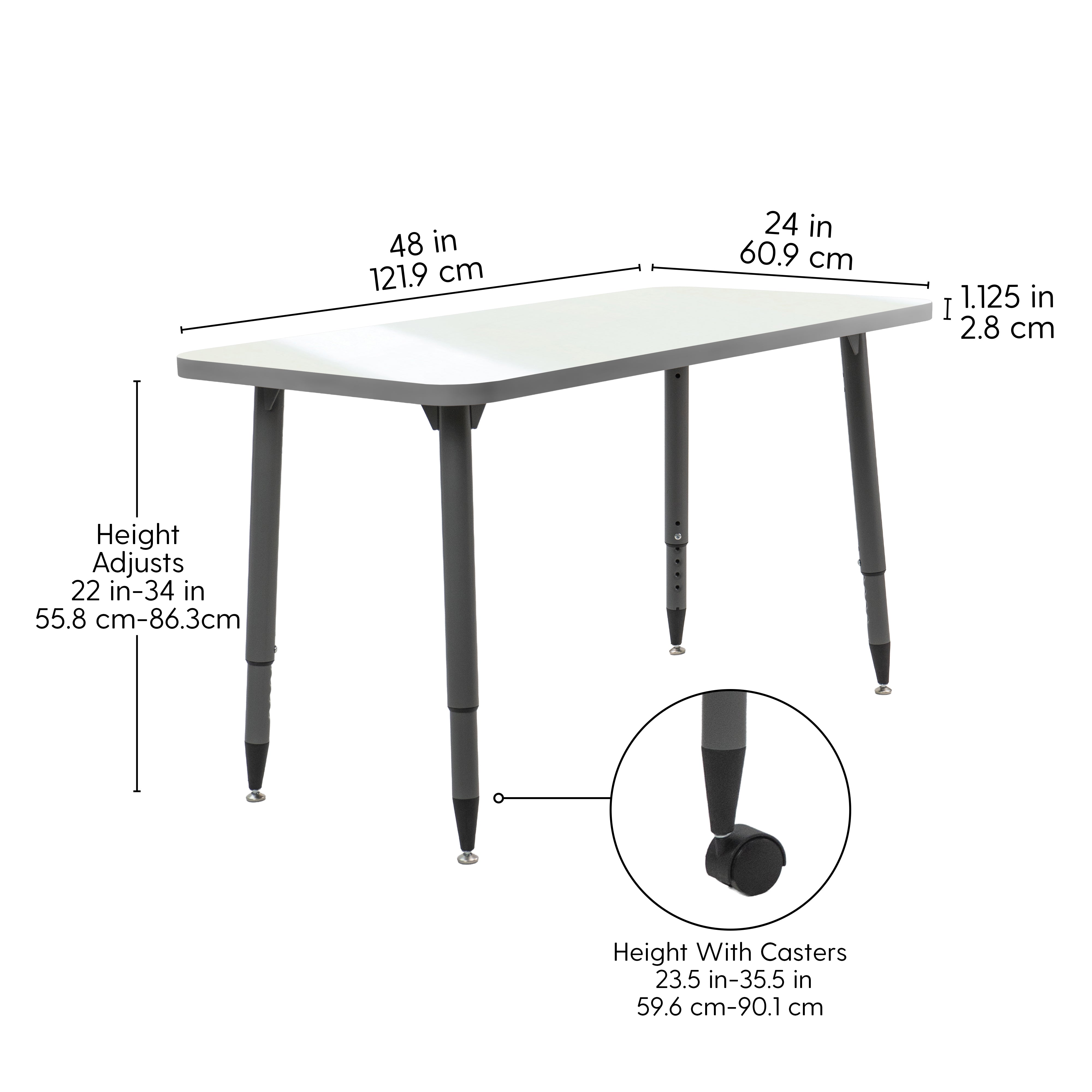 Adapte 24" x 48" Rectangle Dry-Erase Activity Table with Adjustable Tapered Legs - Whiteboard/North Sea