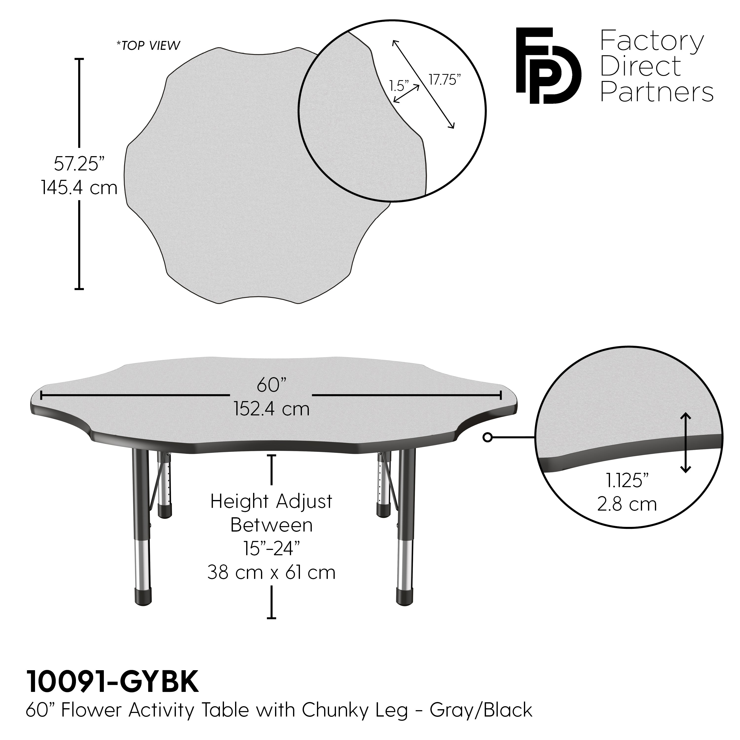 60" x 60" Flower T-Molding Activity Table with Adjustable Chunky Legs - Gray/Black
