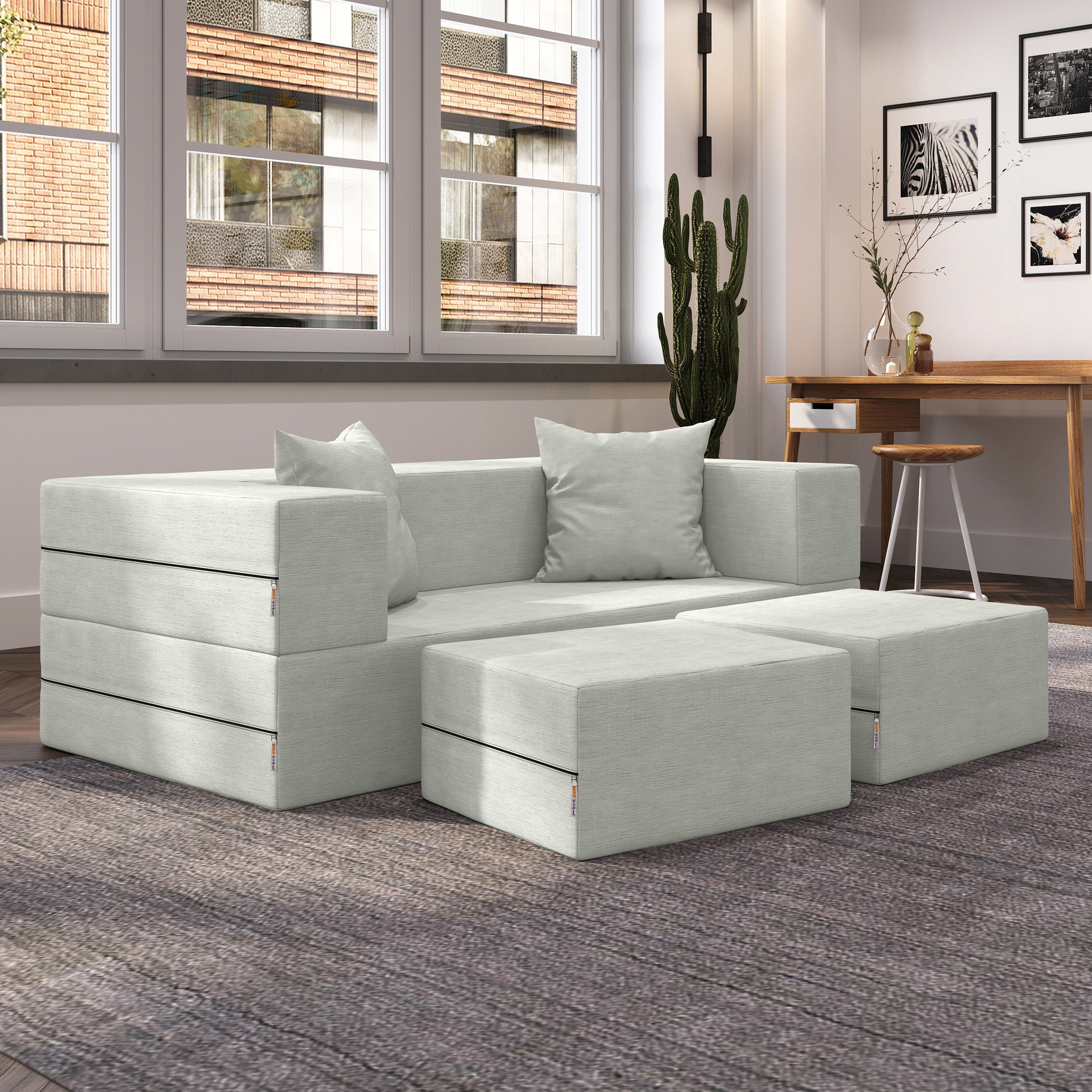 Jaxx Zipline Convertible Sleeper Loveseat & Ottomans, Textured Microvelvet - Ice