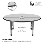 48" Round T-Molding Activity Table with Adjustable Chunky Legs - Gray/Black