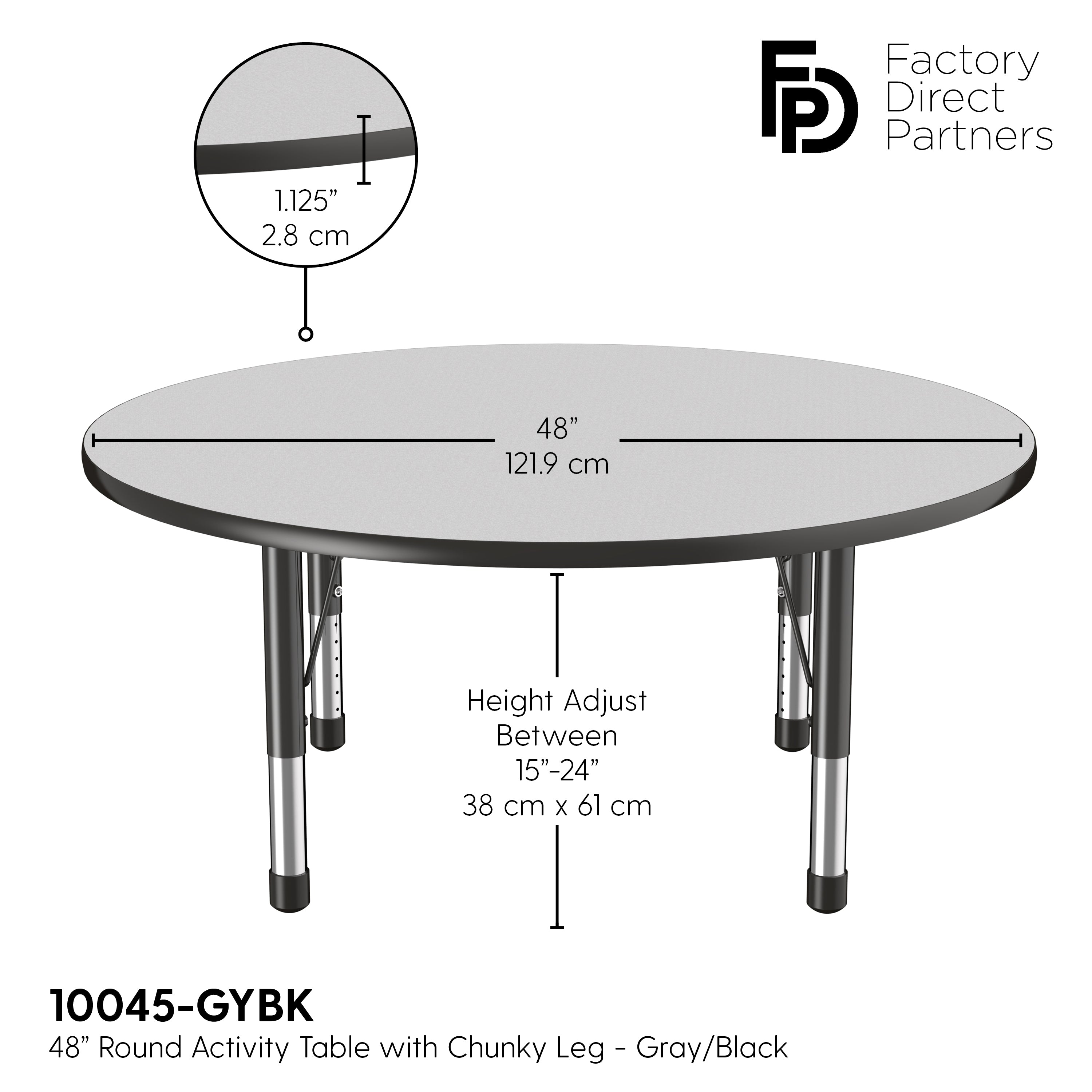 48" Round T-Molding Activity Table with Adjustable Chunky Legs - Gray/Black