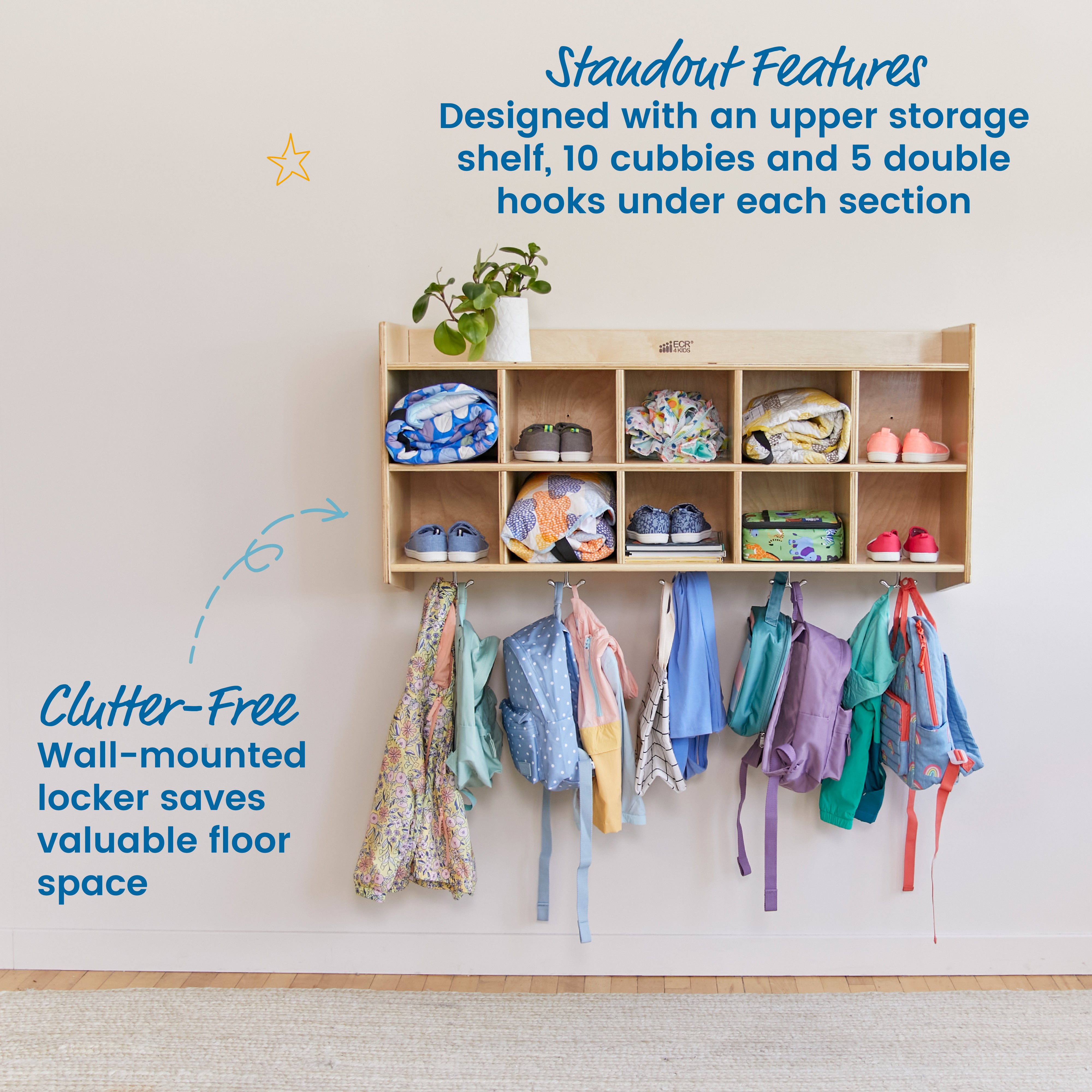 10-Section Hanging Coat Locker and Shelf - Natural
